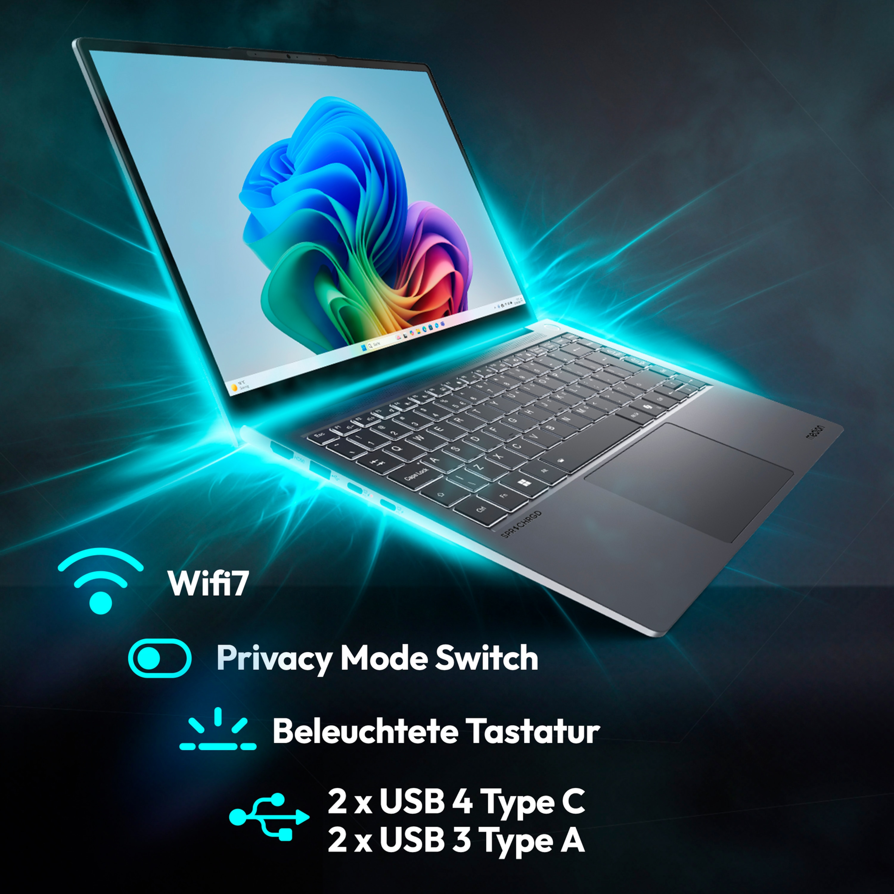 Silberner Laptop mit farbenfrohem Display, Icons für WiFi 7, Privatsphäre-Modus und beleuchtete Tastatur.