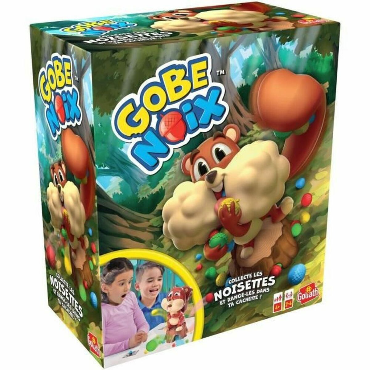Doosontwerp van het 'Gobe Noix' spel, met een cartoon eekhoorn en spelelementen.