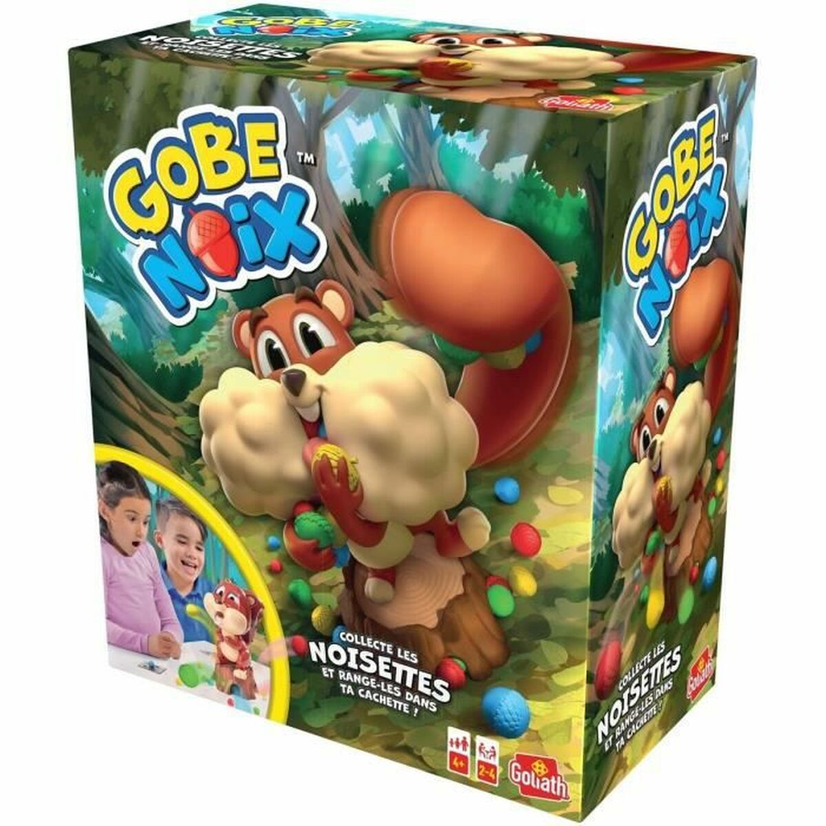 Bordspeldoos met een cartoon eekhoorn met noten. Kinderen spelen het spel op de achtergrond.