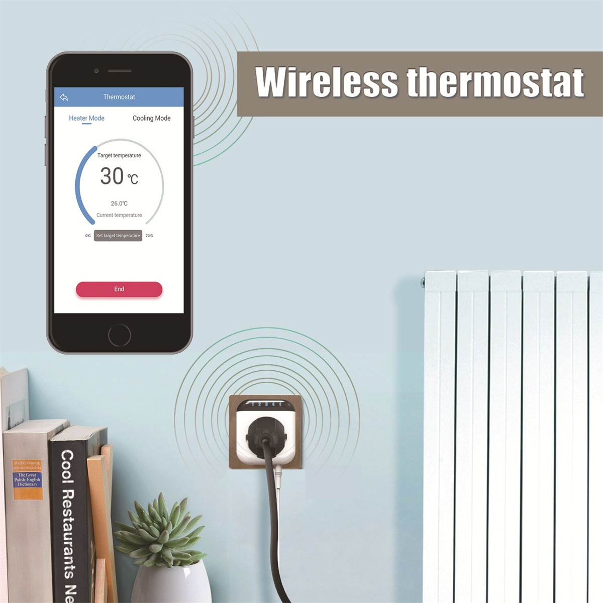 Smartphone mit Thermostat-App-Oberfläche. Drahtloser Thermostat ist das Thema. Weißer Heizkörper.