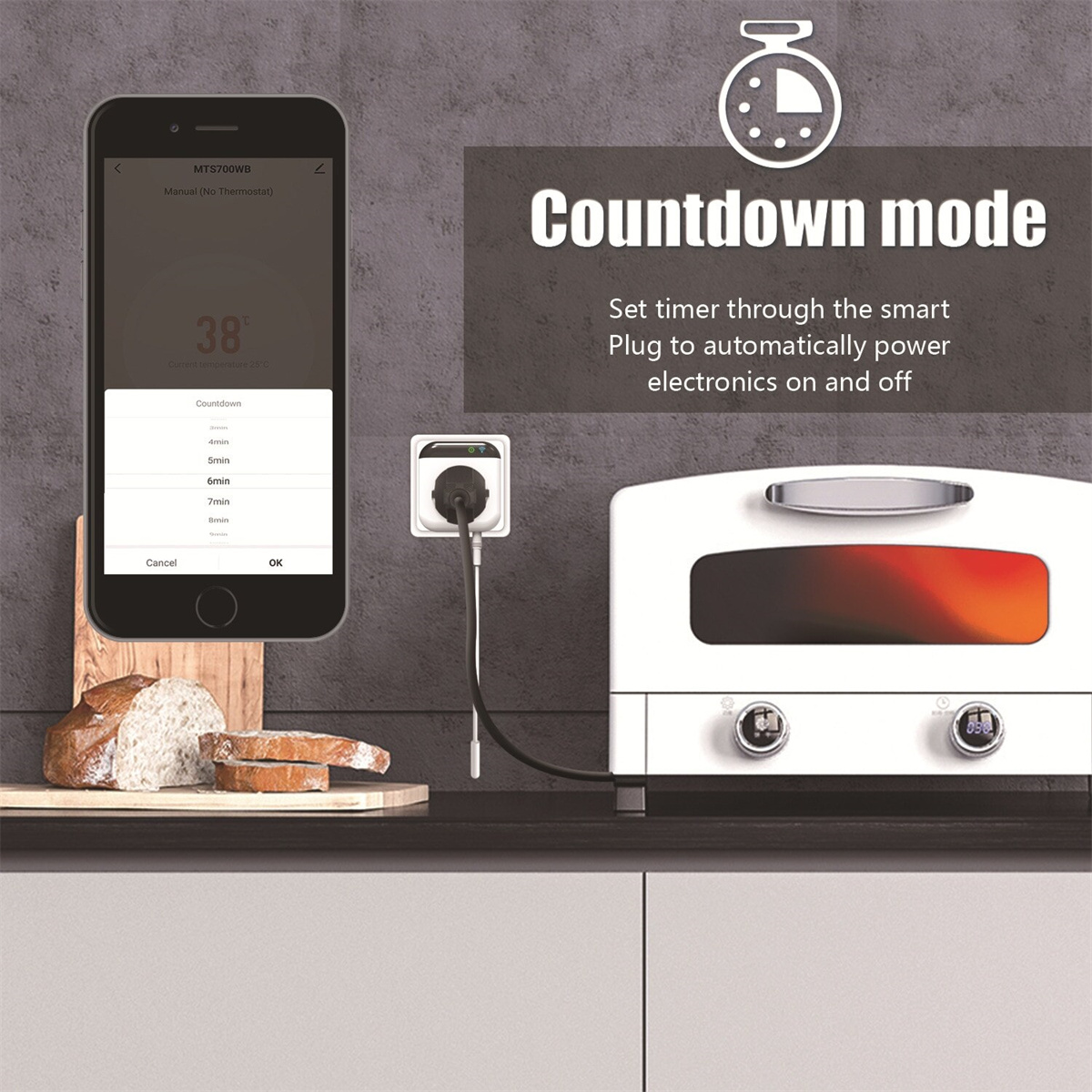 Smartphone mit Countdown-Modus, verbunden mit Smart-Stecker. Ein Toaster ist angeschlossen und bereit.