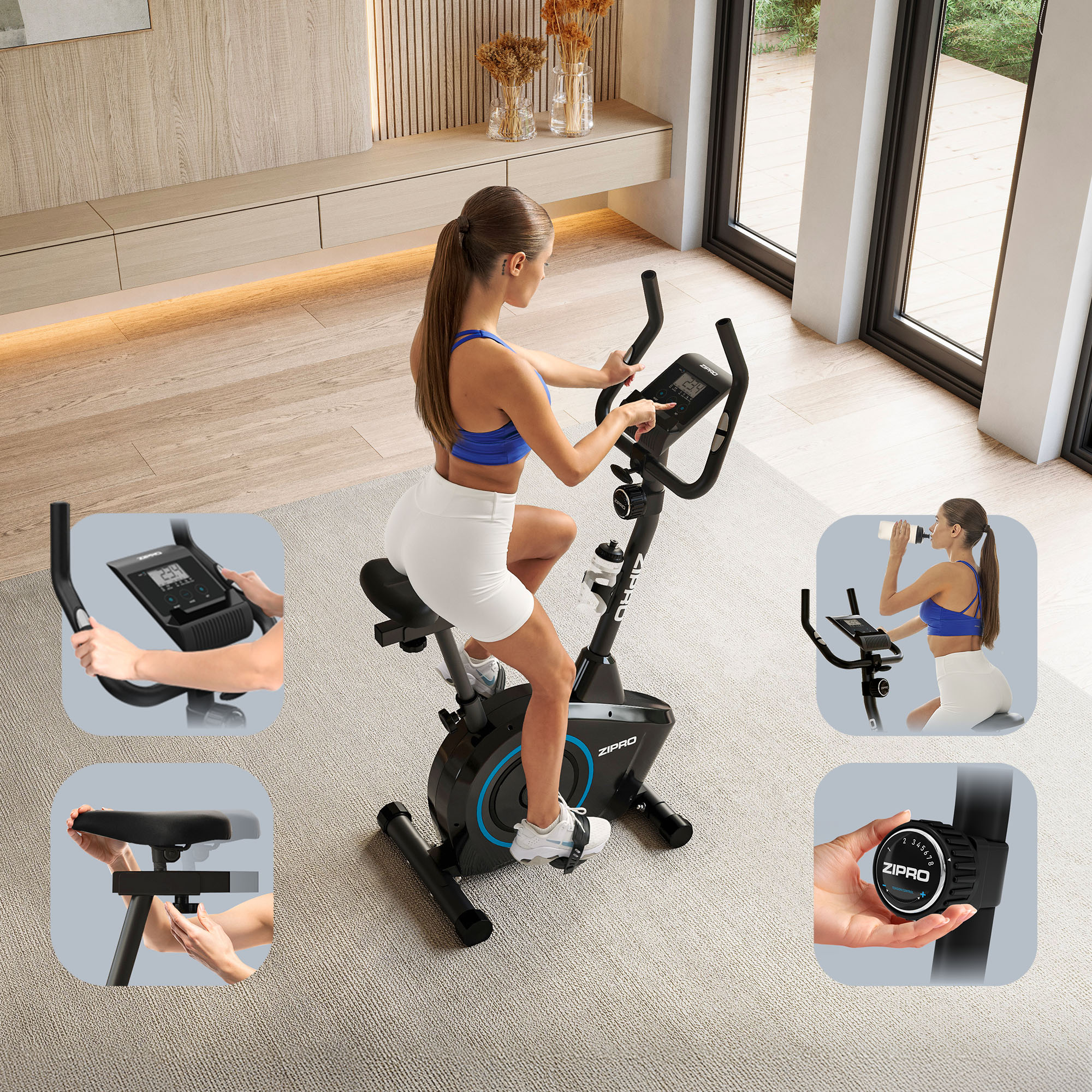Eine Frau trainiert auf einem Heimtrainer, mit insetierten Bildern, die Details des Fahrrads zeigen.