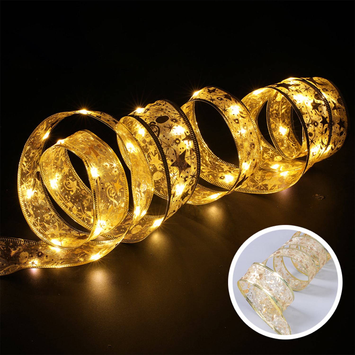 Gold-schwarzes Band mit Lichtern, spiralförmig. Dunkler Hintergrund mit Nahaufnahme des Bandes.