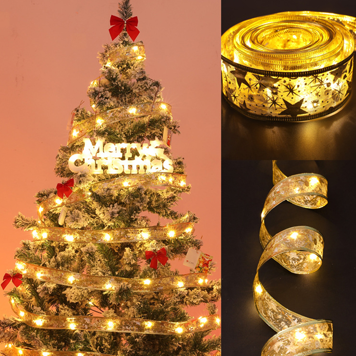 Weihnachtsbaum mit Lichtern, goldenem Band und roten Schleifen geschmückt. Nahaufnahme von goldenem Band und Lichtern.