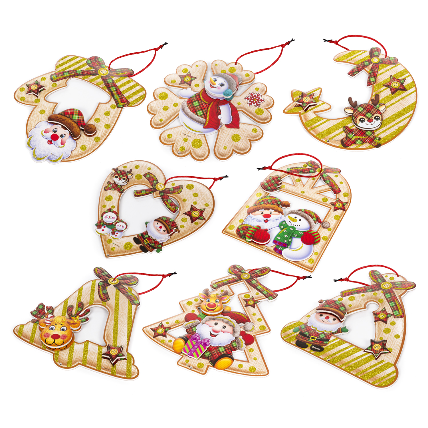 Eine Sammlung von Weihnachtsschmuck in verschiedenen Formen und Designs, darunter Weihnachtsmänner und Schneemänner.