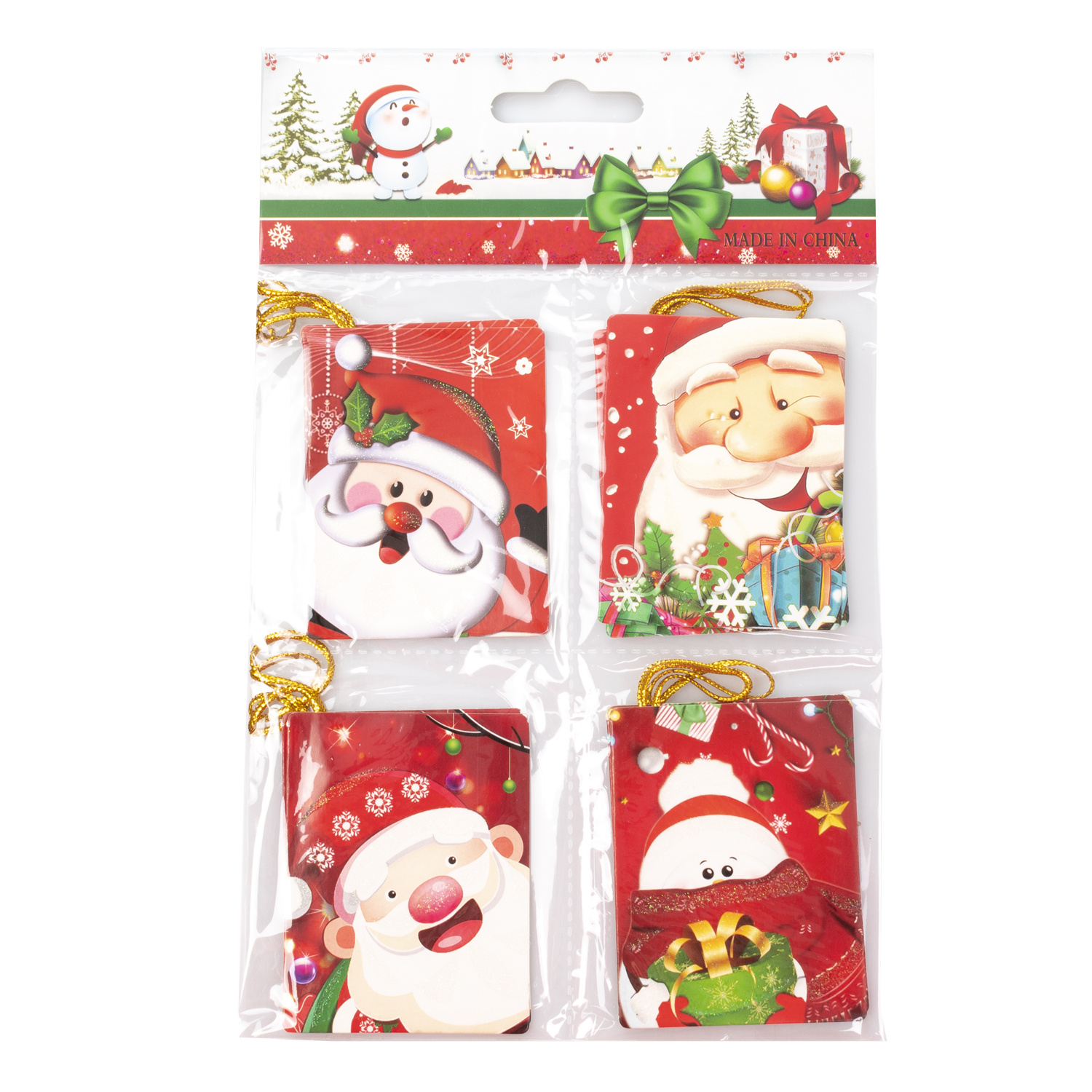 Quattro biglietti di Natale in plastica. Ogni biglietto ha un'immagine di Babbo Natale o pupazzo di neve su sfondo rosso.