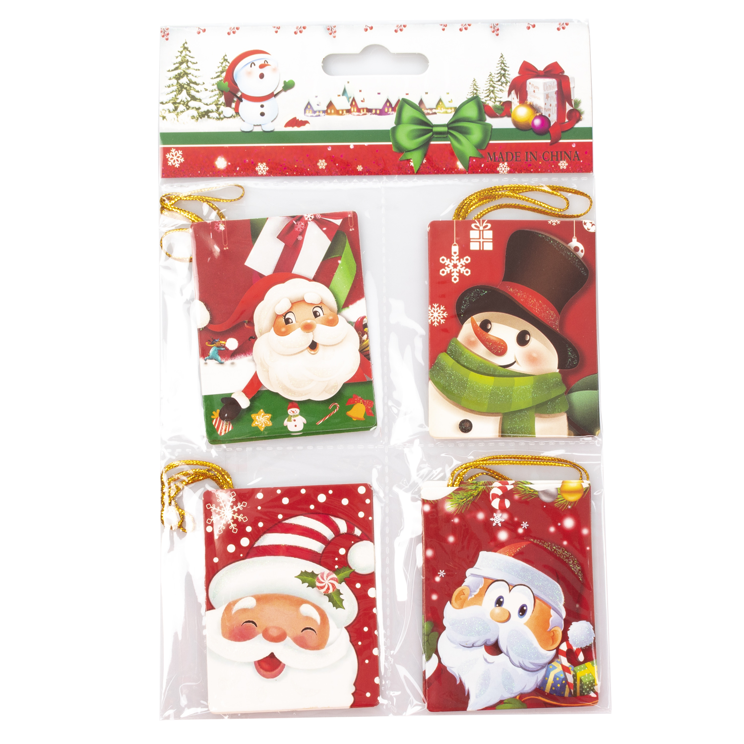 Quattro biglietti di Natale in plastica. Ogni biglietto ha un'immagine di Babbo Natale o pupazzo di neve su sfondo rosso.