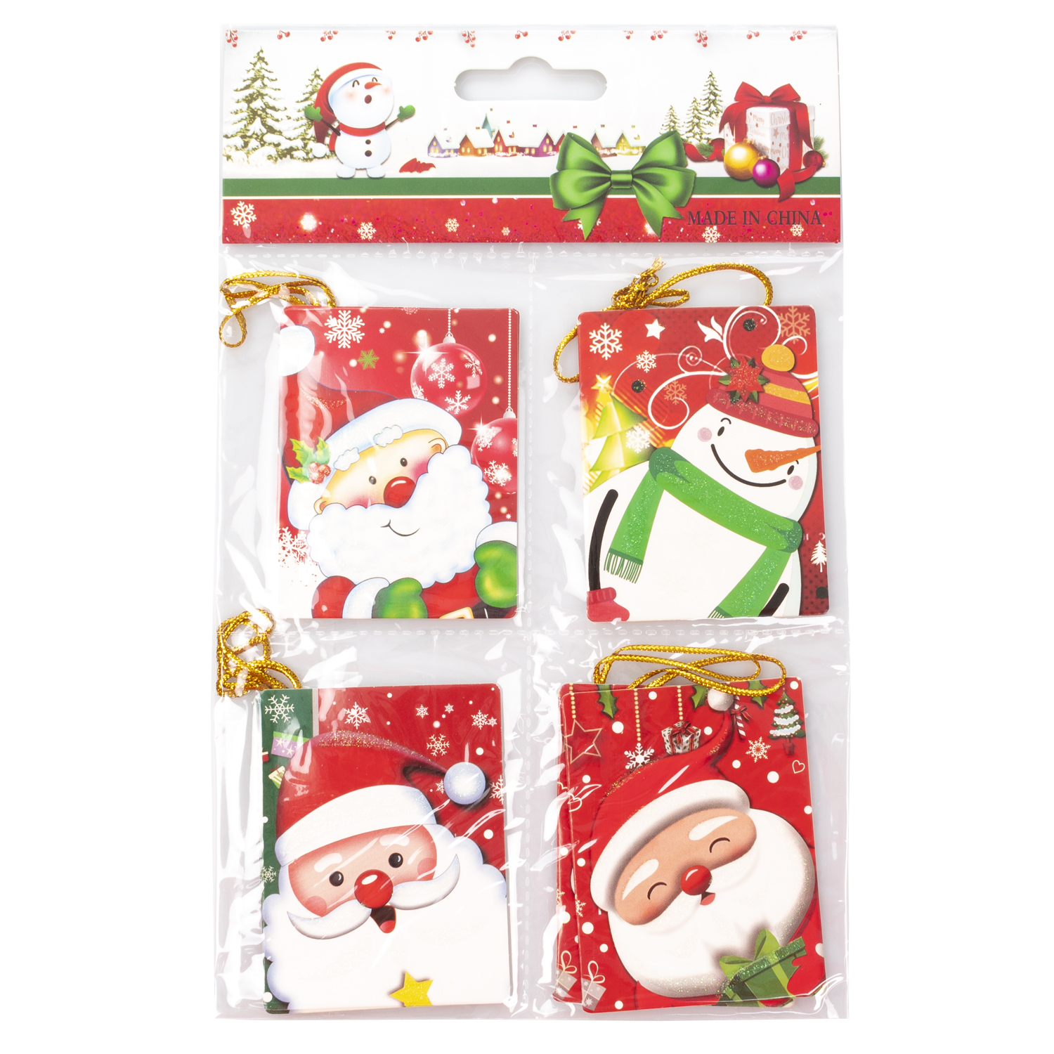 Etichette regalo natalizie in una confezione. Design Babbo Natale, pupazzo di neve. Decorative, rosse, verdi e dorate.