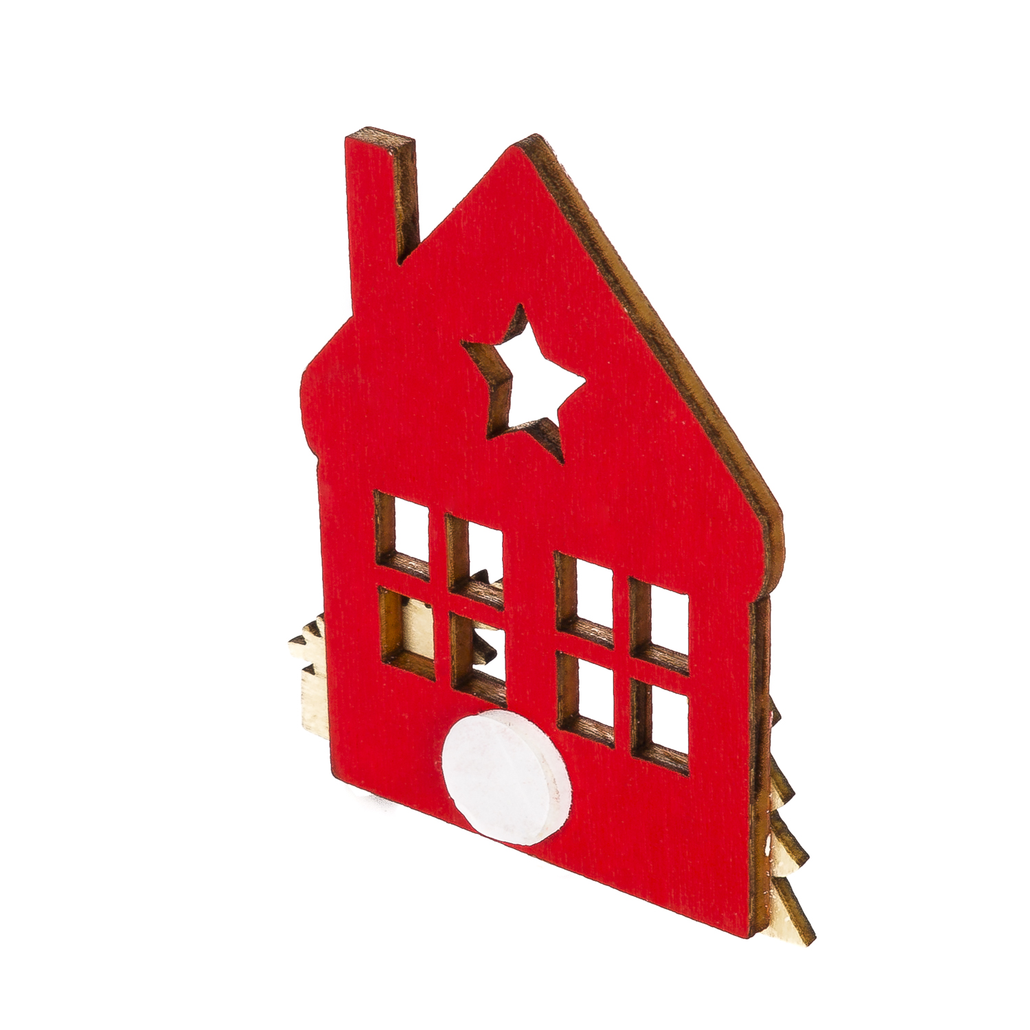 Una casa de madera con un recorte de estrella. La casa es roja con un círculo blanco, sobre un fondo blanco.