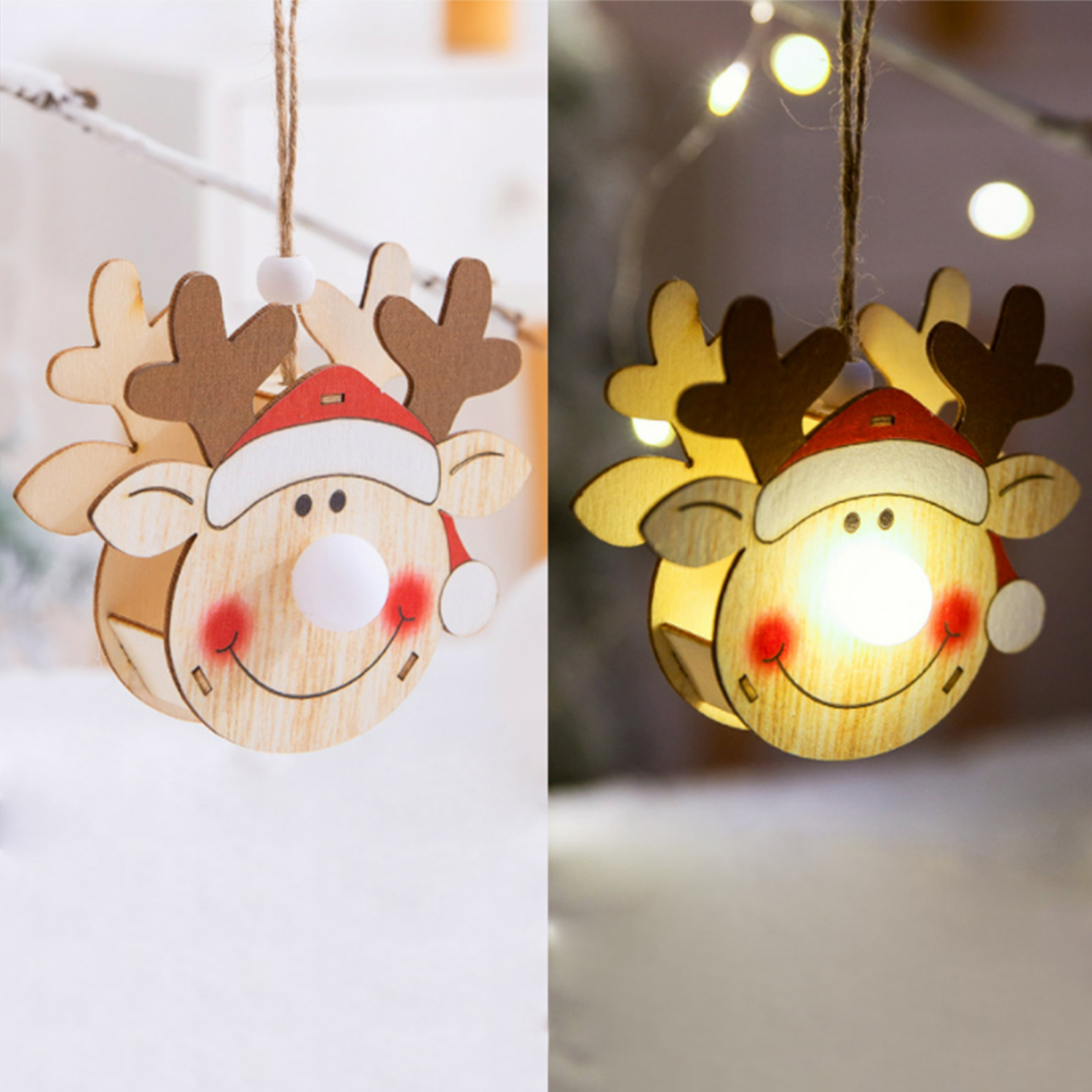 Due ornamenti di renne in legno, uno illuminato, appesi a un filo.