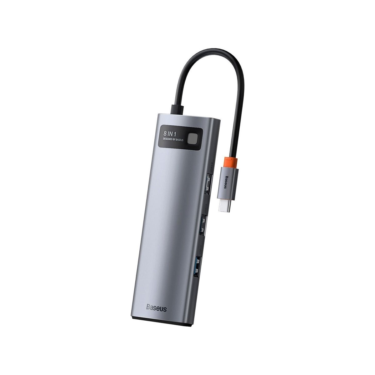 Srebrny hub USB-C 8 w 1 z czarnym kablem i wtyczką. Hub ma logo Baseus.