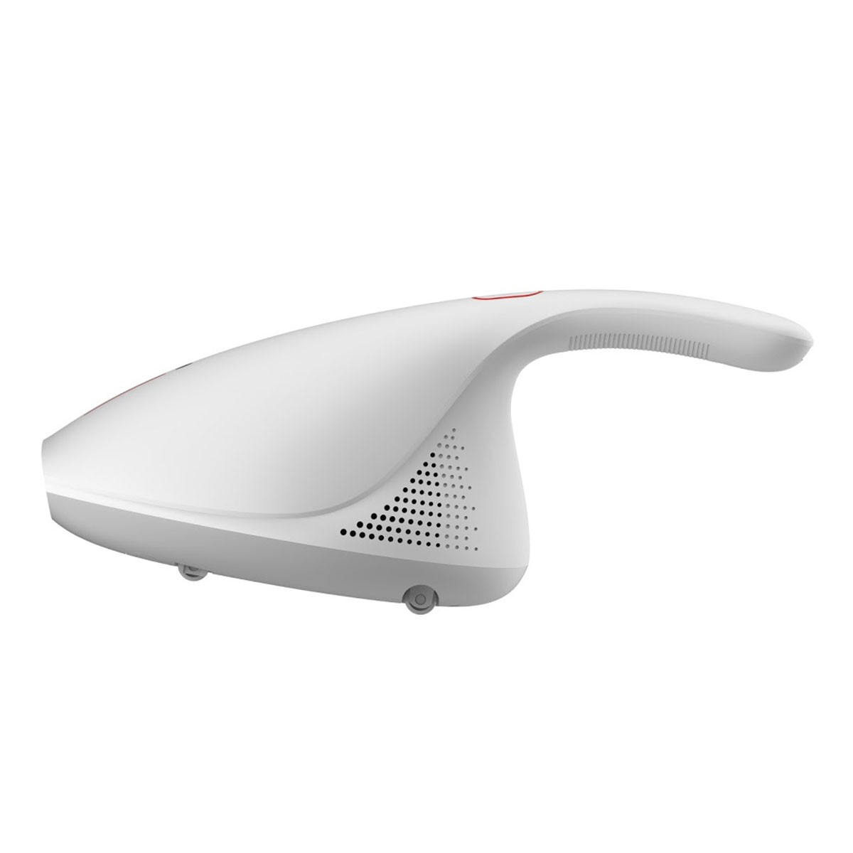 Biały odkurzacz ręczny z czerwonym przyciskiem i otworami wentylacyjnymi.