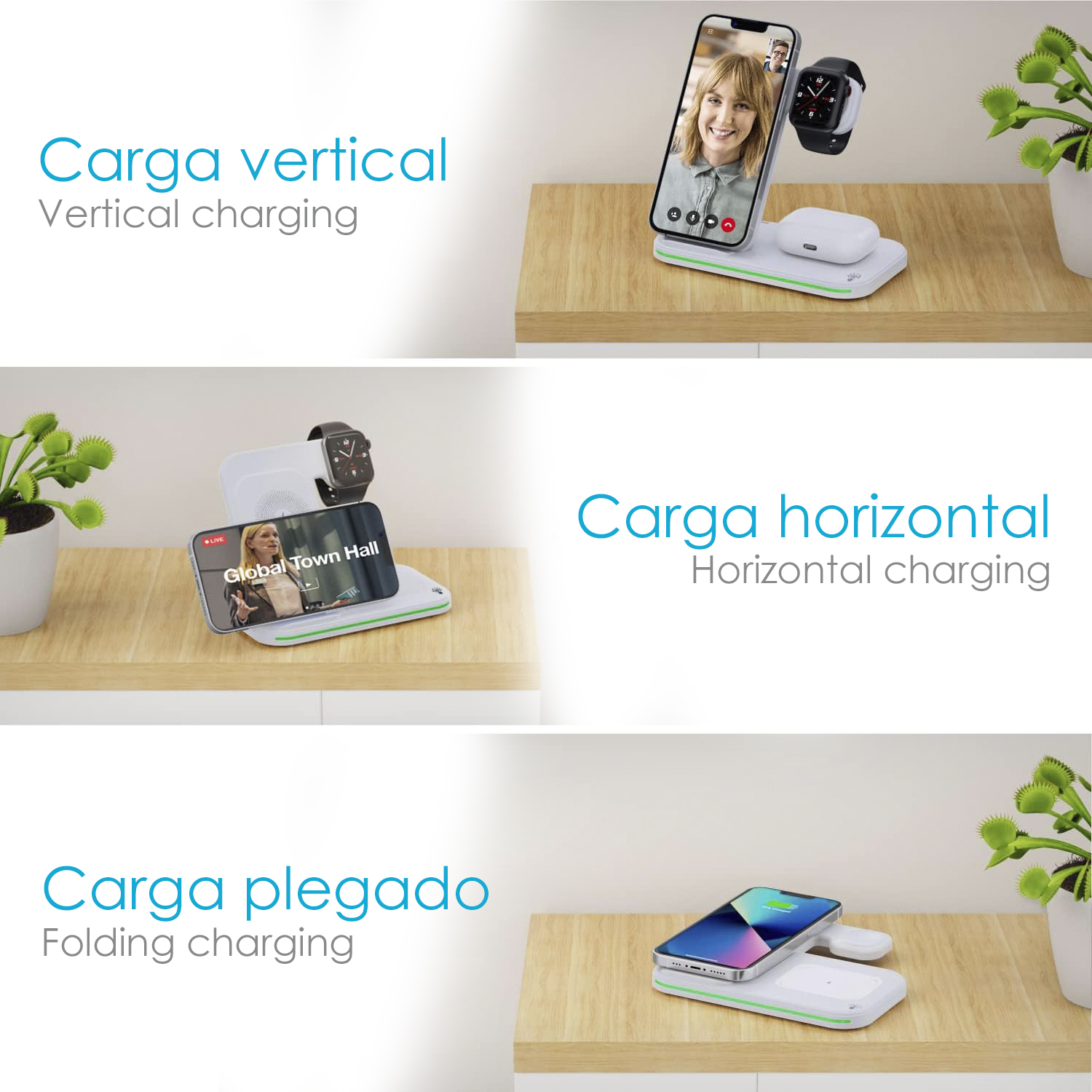 Le immagini mostrano scenari di ricarica wireless: telefono e orologio, telefono, orologio e auricolari.