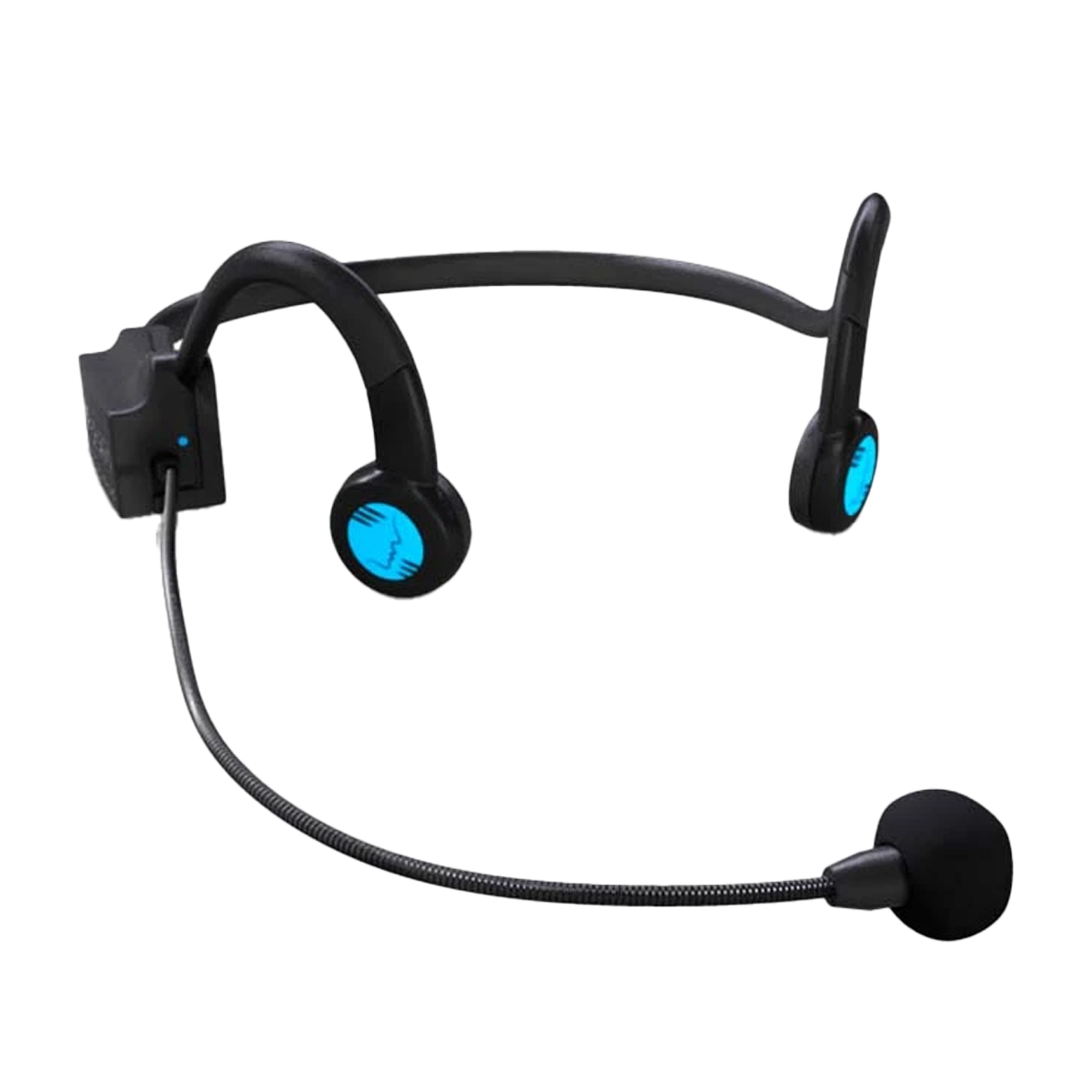 Schwarzes Headset mit Mikrofon, Ohrmuscheln mit blauen Lichtern. Weißer Hintergrund.