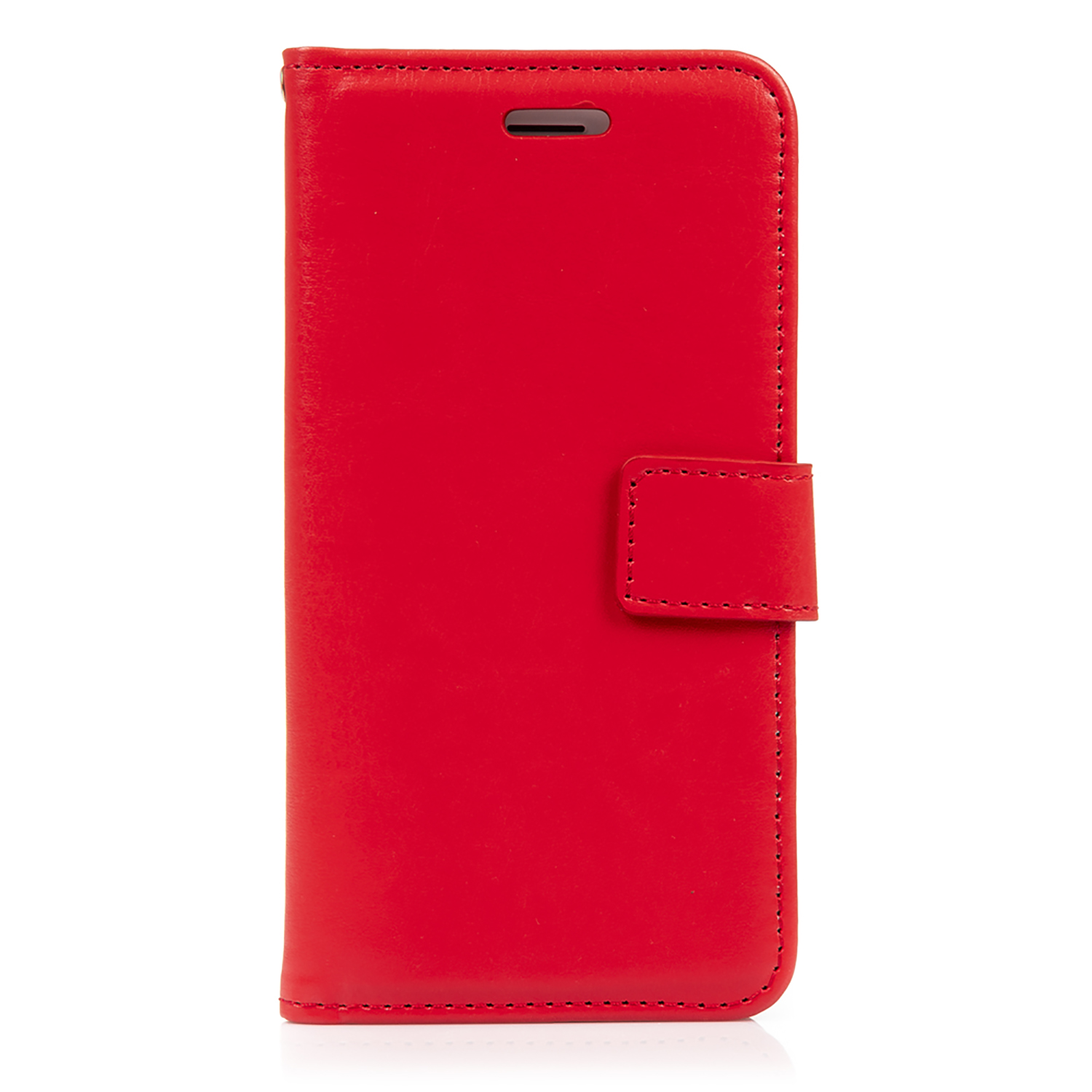 Custodia per telefono rossa, chiusa, con chiusura magnetica. La custodia è simile alla pelle.
