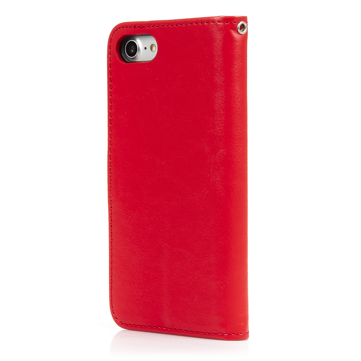 Custodia per telefono in pelle rossa. Foro della fotocamera e anello metallico in alto a destra.