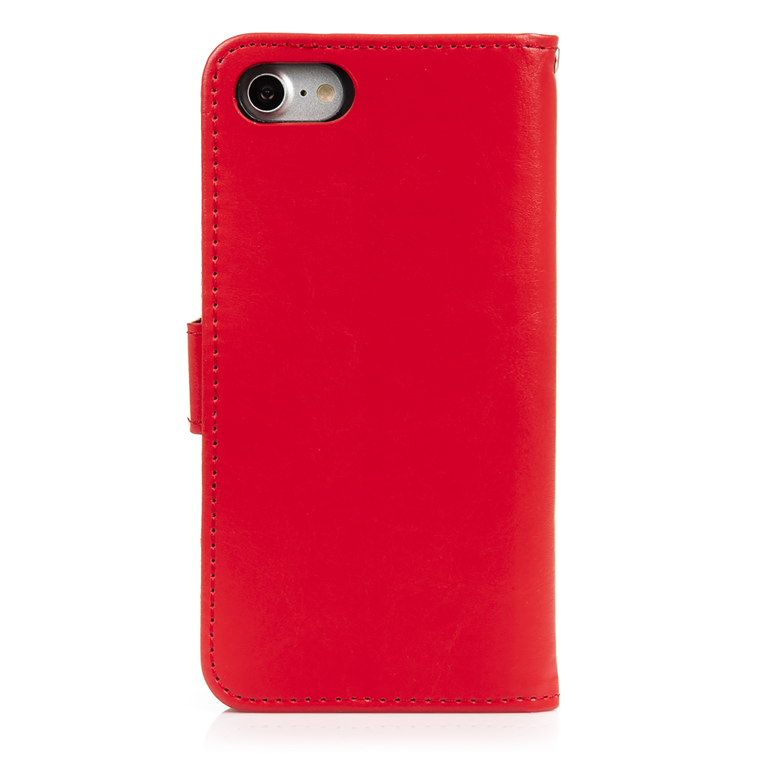 Custodia per telefono in pelle rossa con foro per la fotocamera e chiusura. La custodia è chiusa.