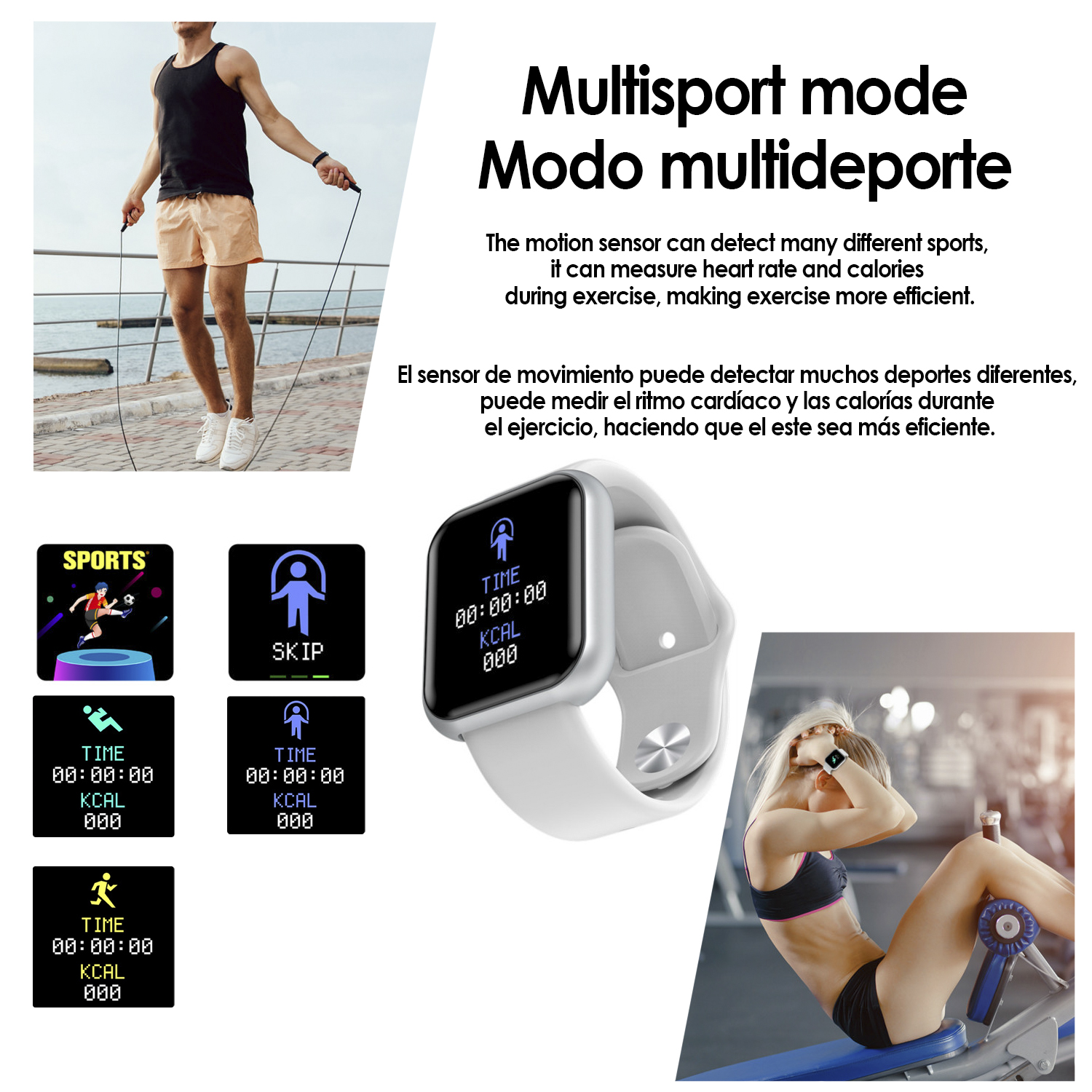Ein Mann springt Seil. Smartwatch mit weißem Band zeigt Zeit und Kalorien. Text über Sport und Bewegung.