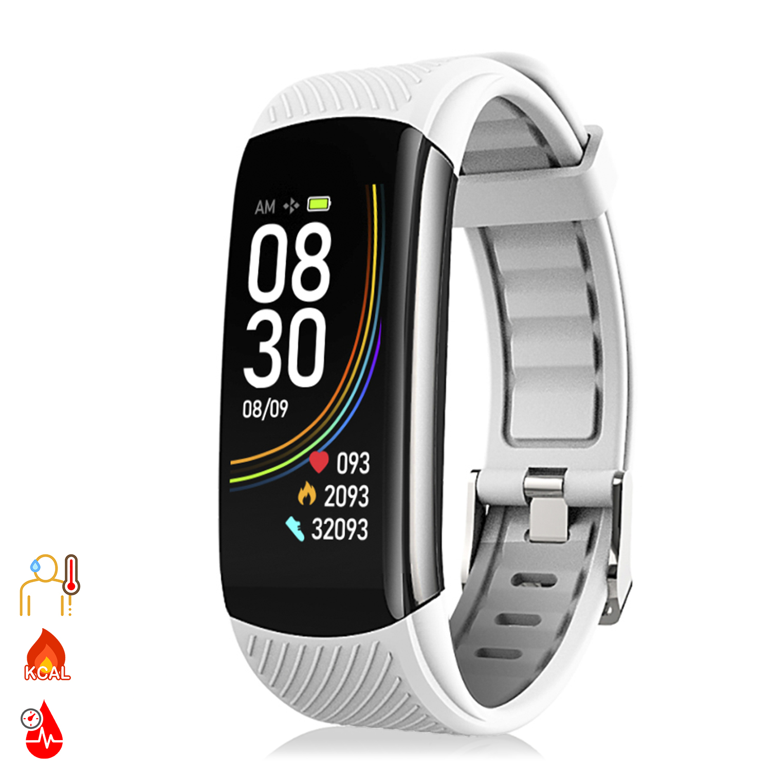 Uno smartwatch bianco e grigio mostra l'ora, la batteria, la frequenza cardiaca e le calorie sullo schermo.
