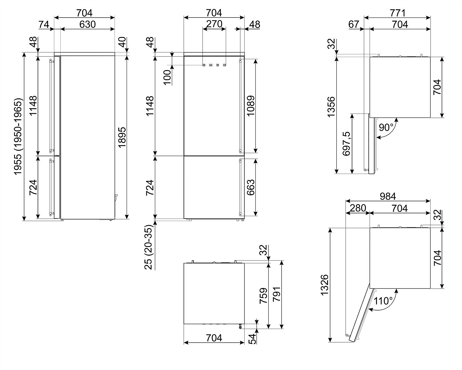 Dibujo técnico de un refrigerador, mostrando dimensiones y ángulos con medidas en milímetros.