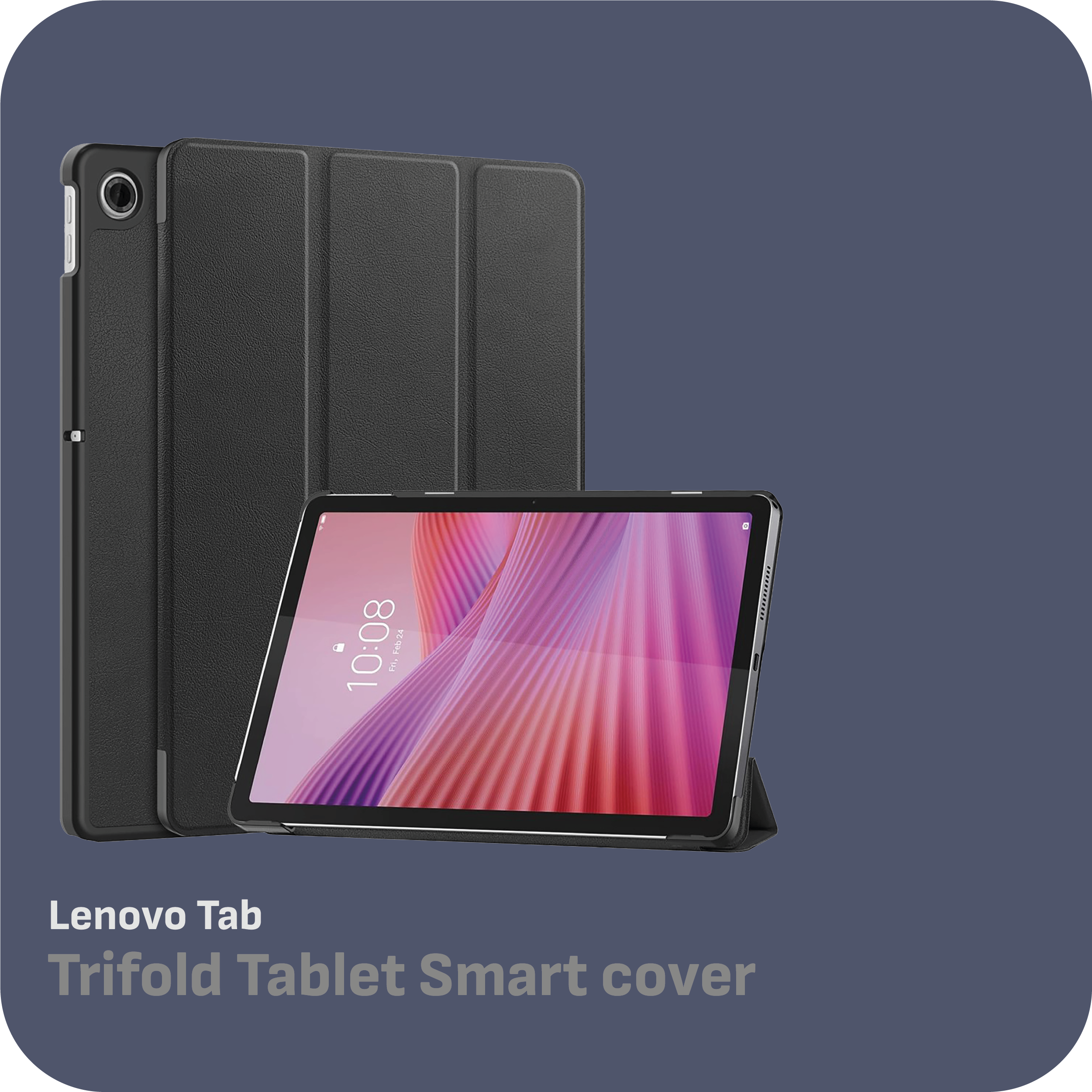 Schwarzes Lenovo-Tablet mit Hülle. Tablet zeigt Uhrzeit und pink-rotes Design.