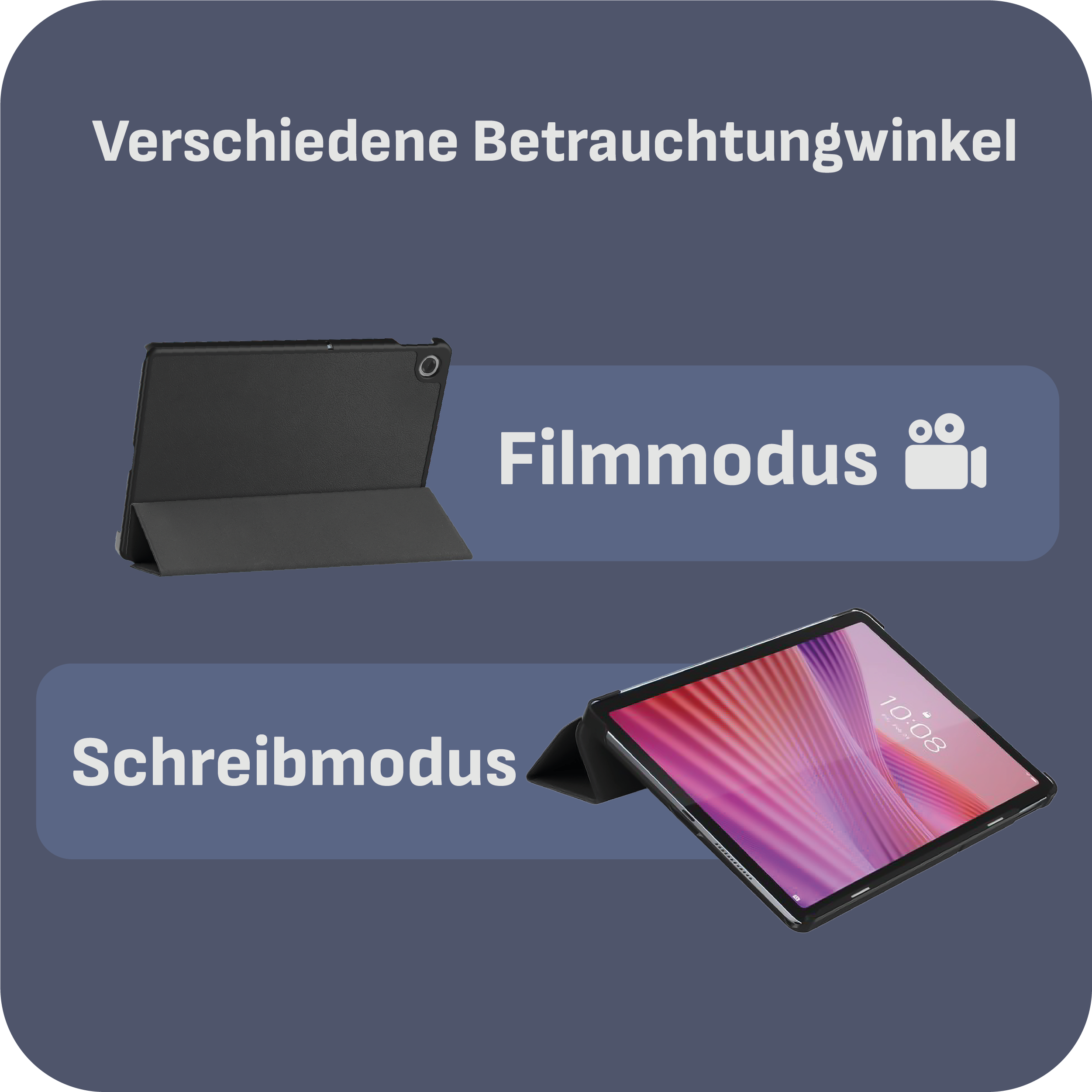 Tablethülle zeigt verschiedene Betrachtungswinkel mit Tablet im Film- und Schreibmodus.