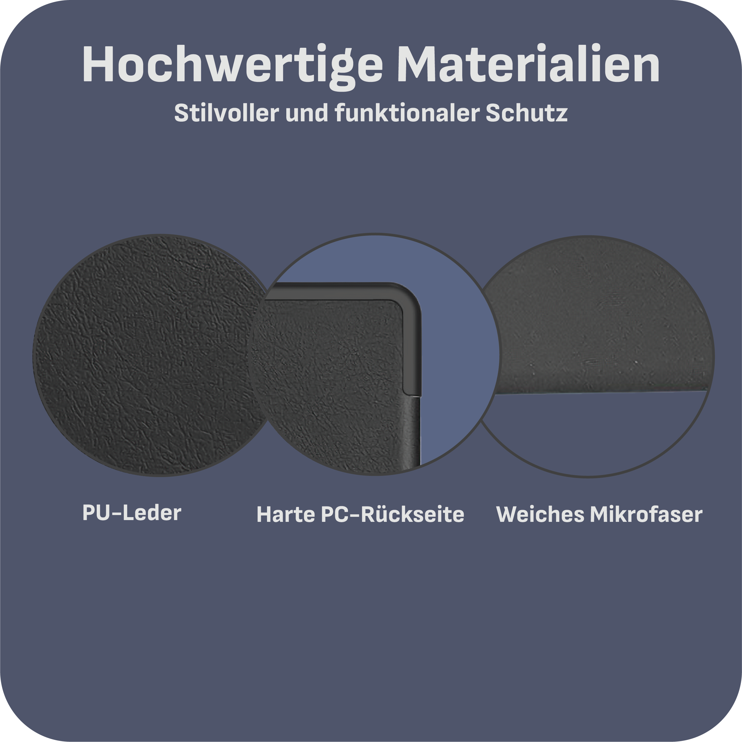 Nahaufnahme einer Tablet-Hülle mit den verwendeten Materialien: PU-Leder, Hart-PC-Rückseite, weiche Mikrofaser.