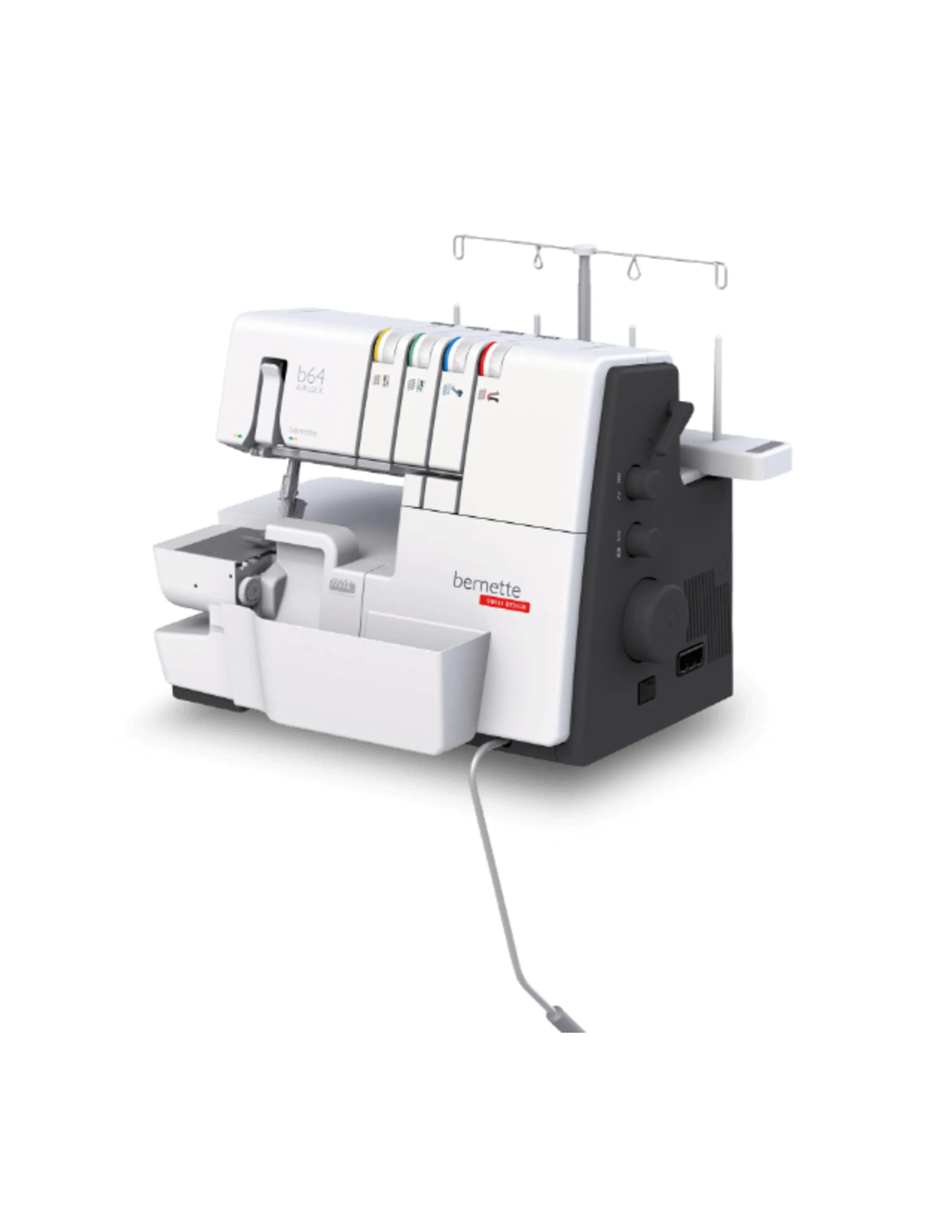 A white and black serger sewing machine on a white background.