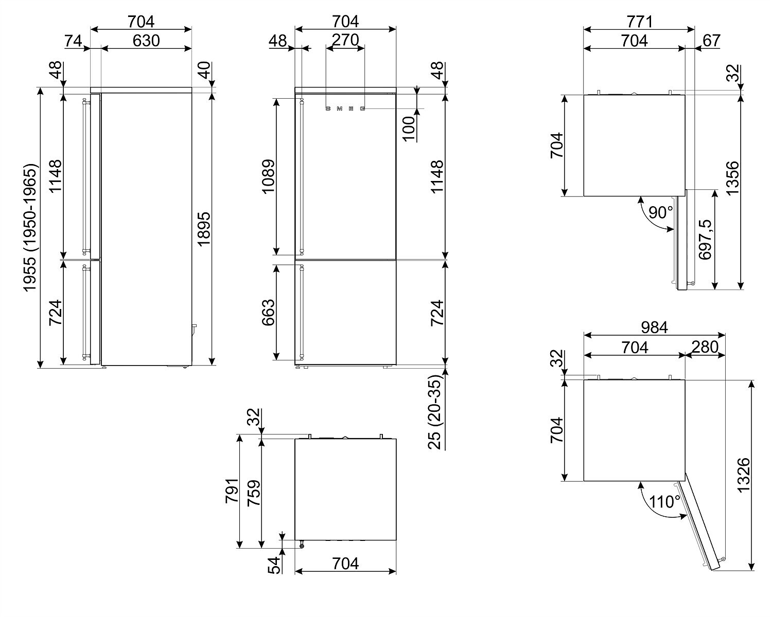 Dibujo técnico de un frigorífico. Incluye medidas y dimensiones en mm.