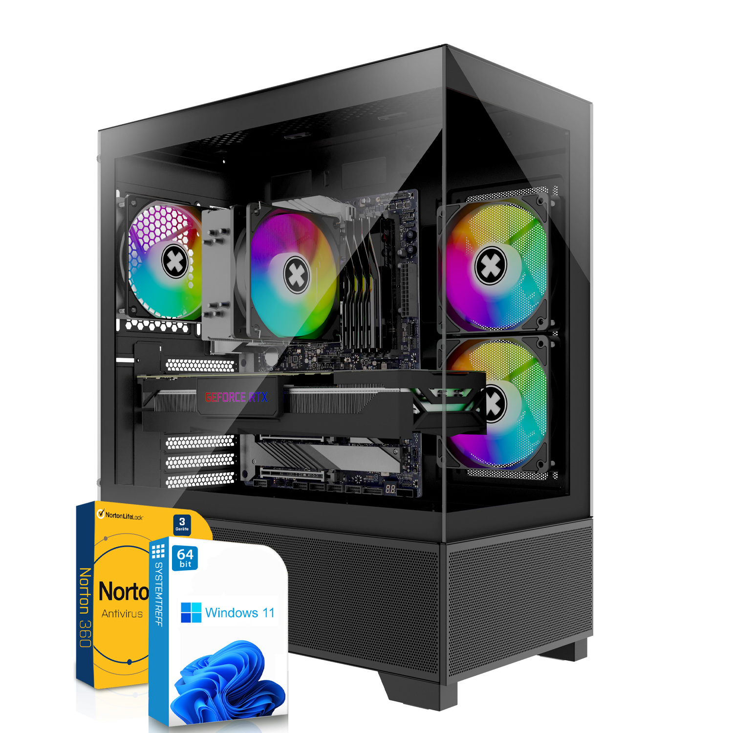 Schwarzer PC-Tower mit Regenbogenlüftern, Grafikkarte und zwei Softwareboxen.