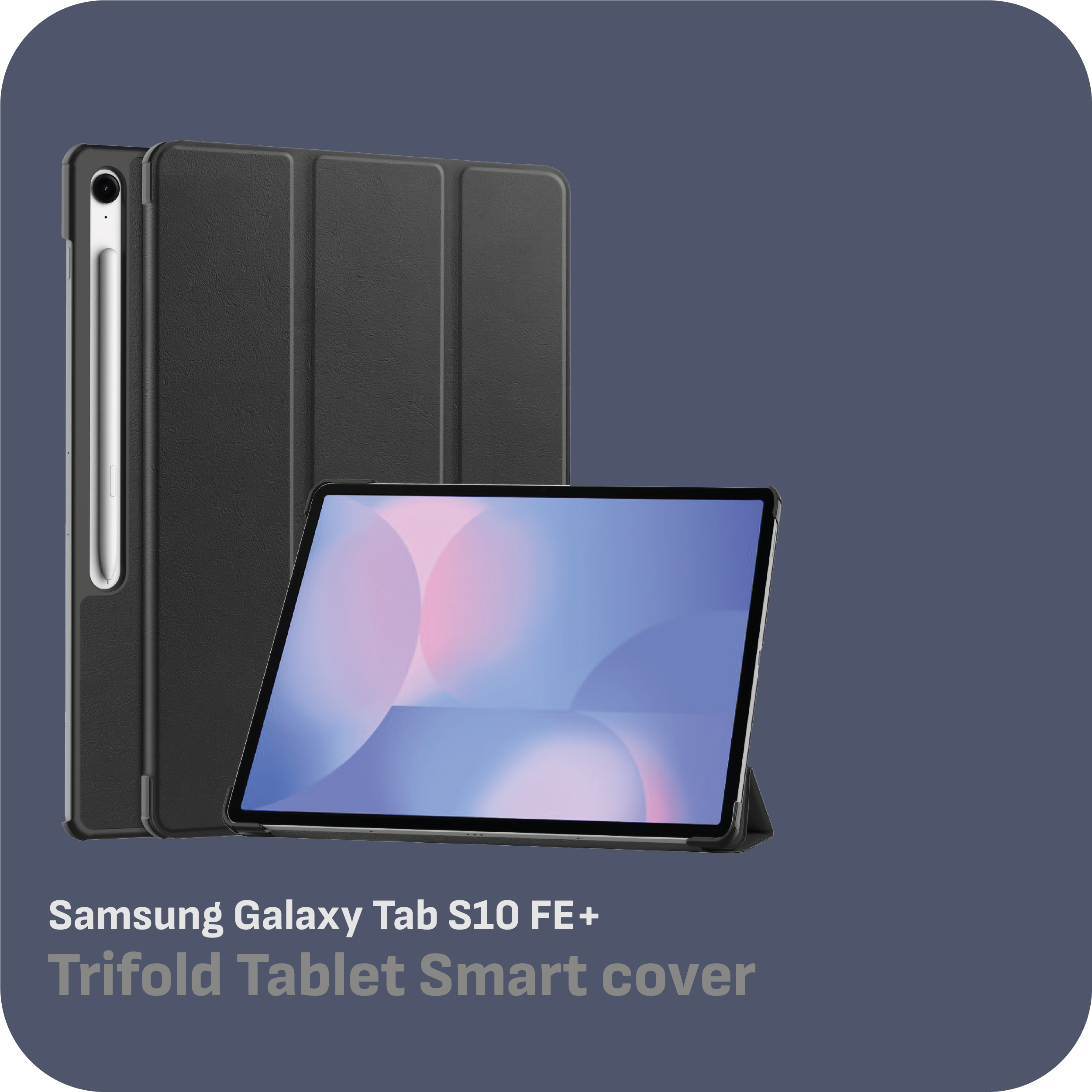 Tablethülle mit Tablet und Stift auf blauem Hintergrund.