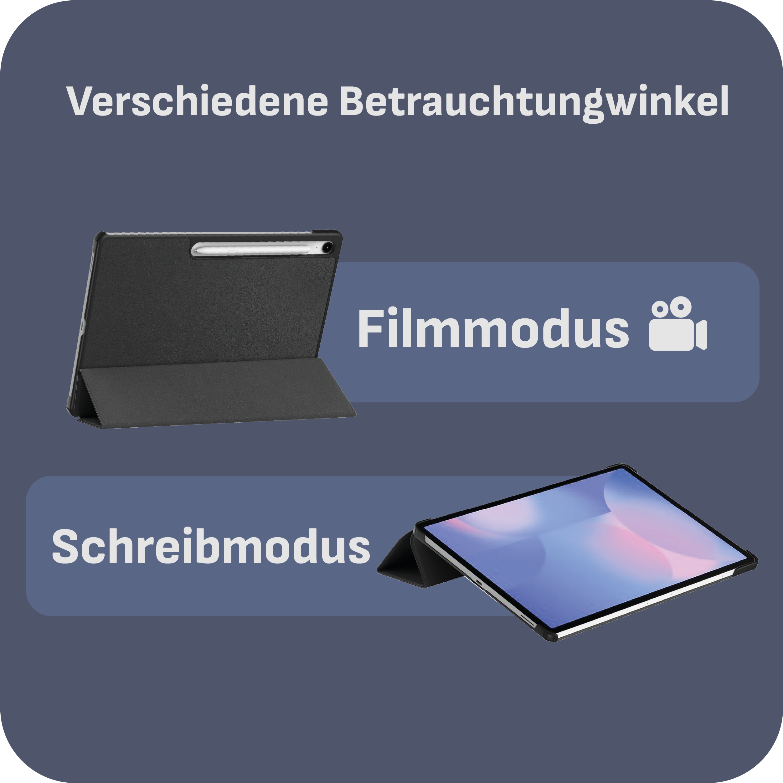 Tablet im Film- und Schreibmodus. Zeigt Tablet-Bildschirm und Gehäuse.