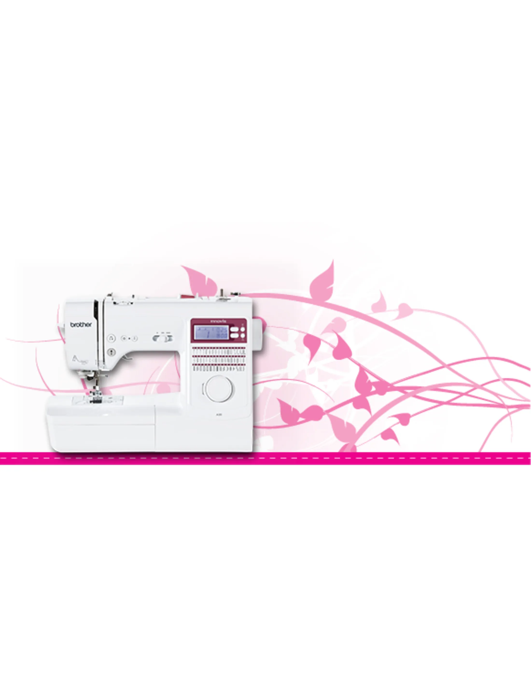 Weiße Brother Nähmaschine mit rosa Blumendesign. Die Maschine steht auf einer weißen Oberfläche.