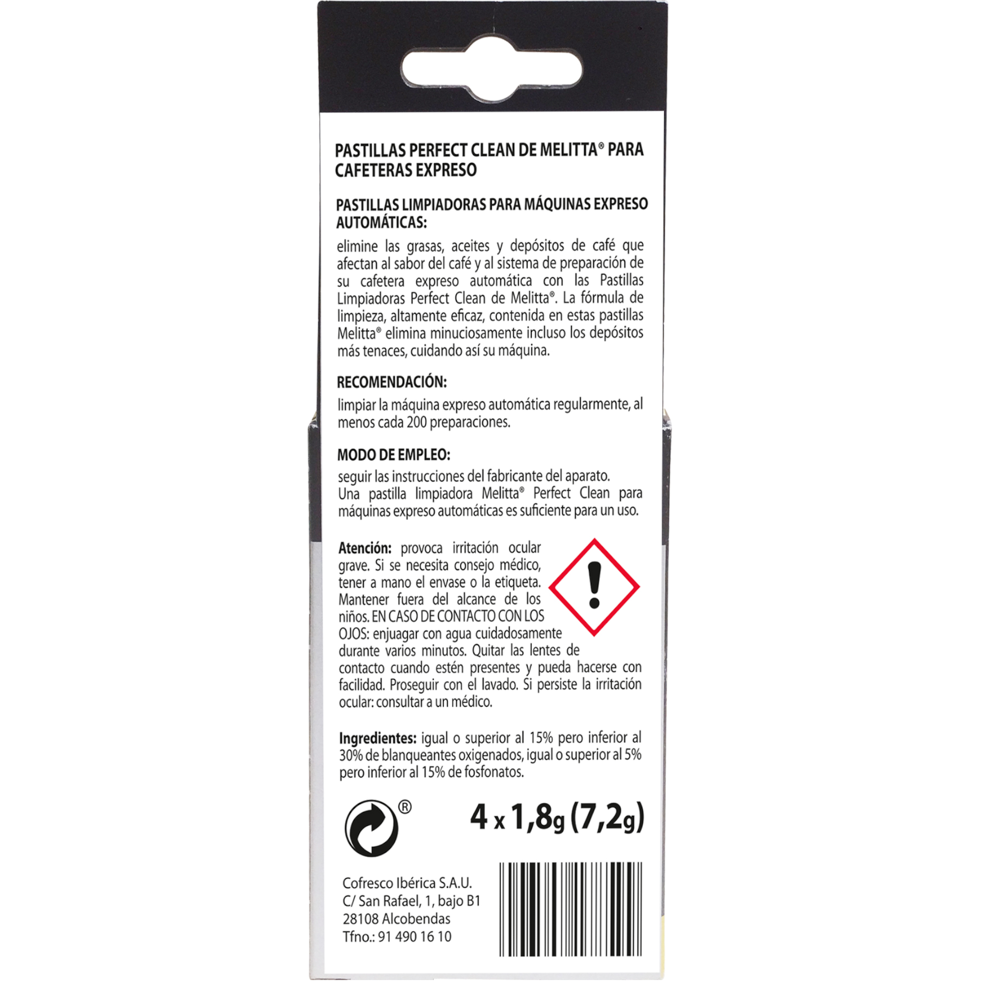 Una caja de limpiador de máquina de café con un signo de precaución e instrucciones en español.