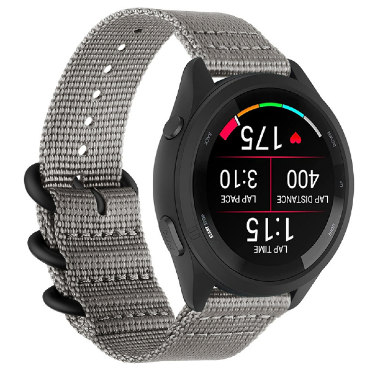 Smartwatch nero con cinturino grigio che mostra le metriche di allenamento, tra cui frequenza cardiaca e tempo.