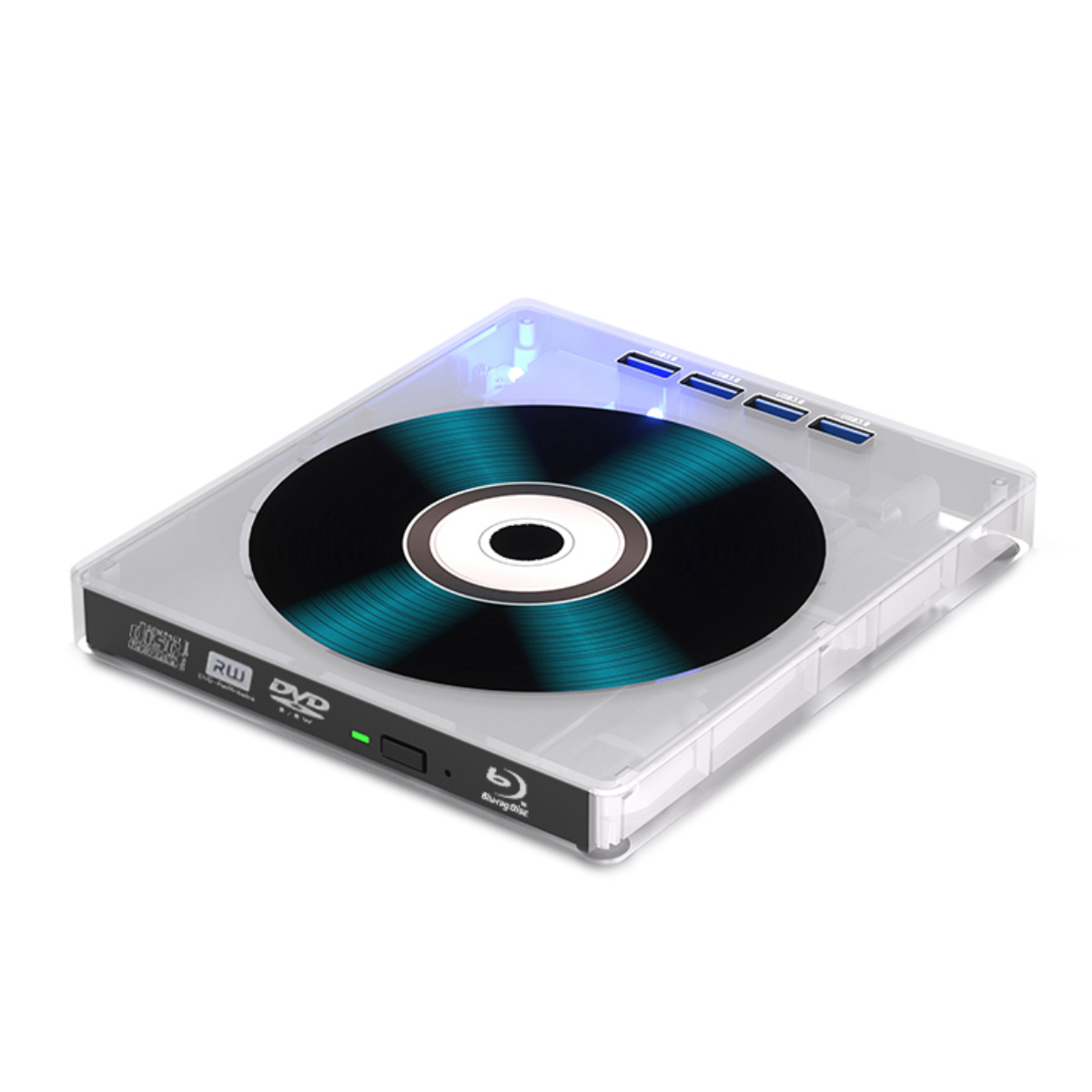 DVD/Blu-ray-Laufwerk mit einer Disc im Inneren. Das Laufwerk hat ein transparentes Gehäuse. USB-Anschlüsse oben.