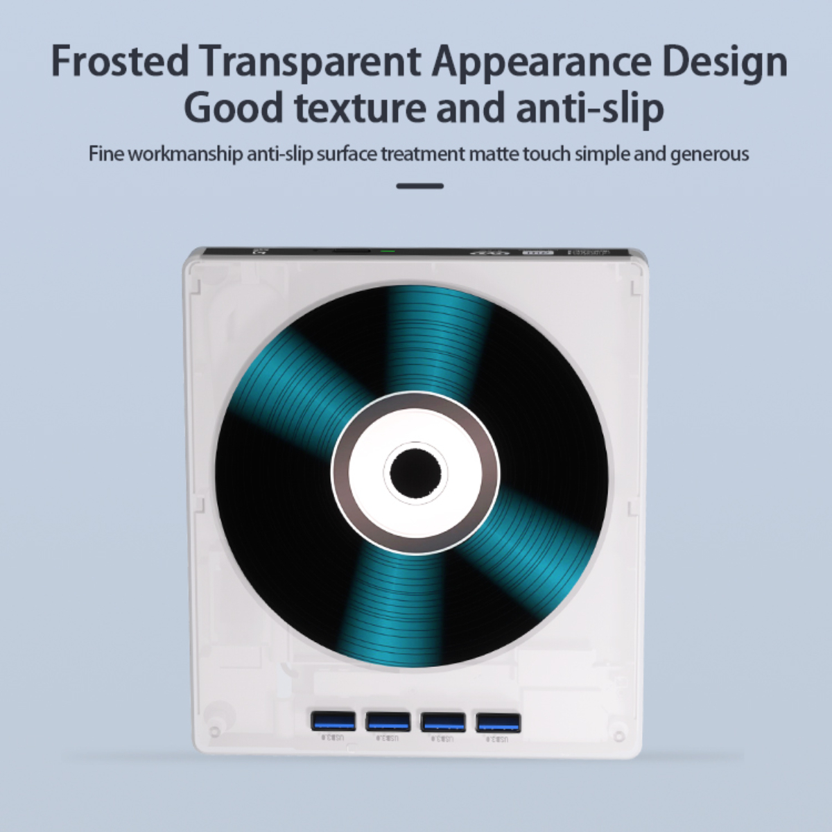Ein weißes, mattes, transparentes Gehäuse mit einer Disc im Inneren und USB-Anschlüssen.