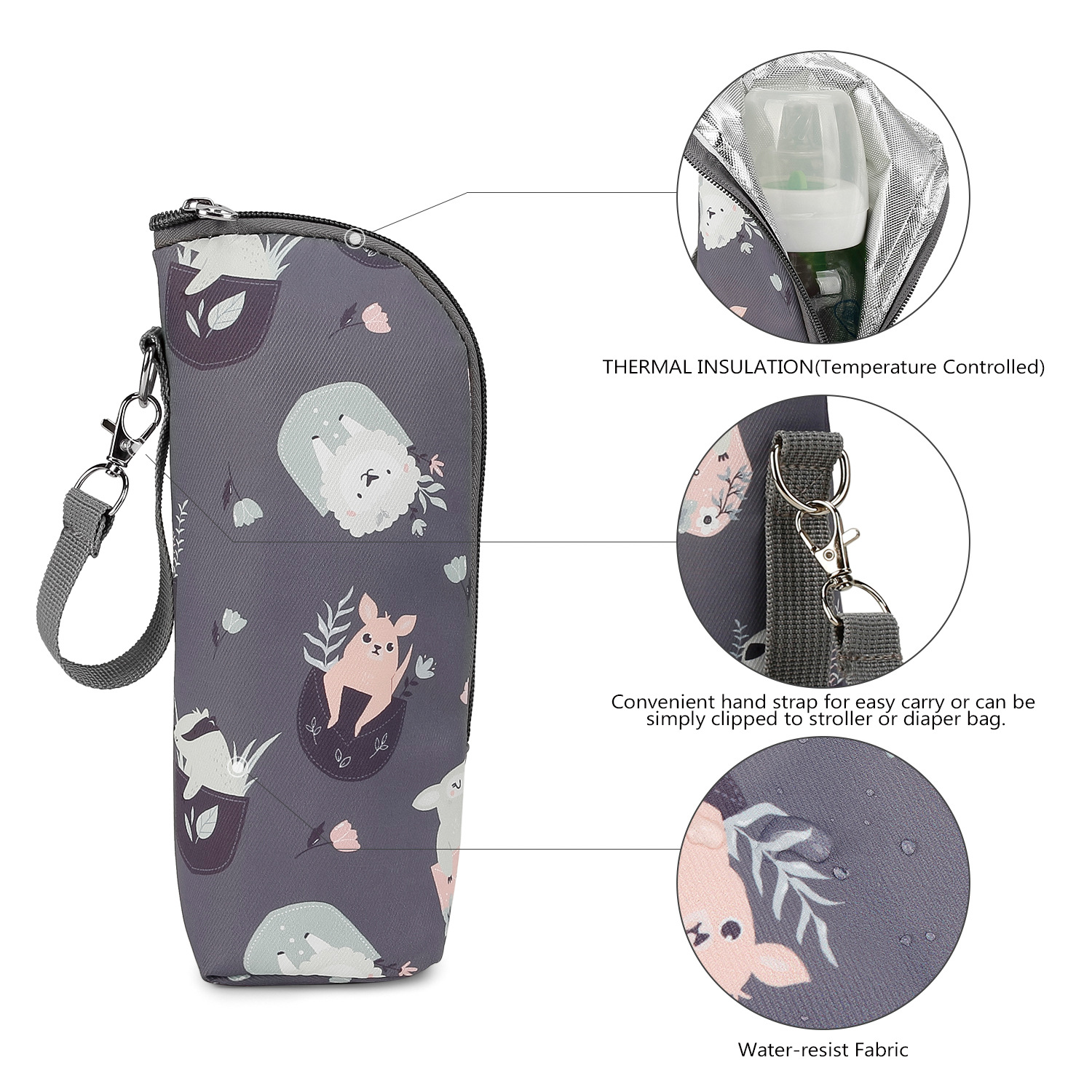 Isolierte Babyflaschentasche mit Cartoon-Tierdruck. Grauer Riemen und Reißverschluss. Details von Flasche und Stoff.