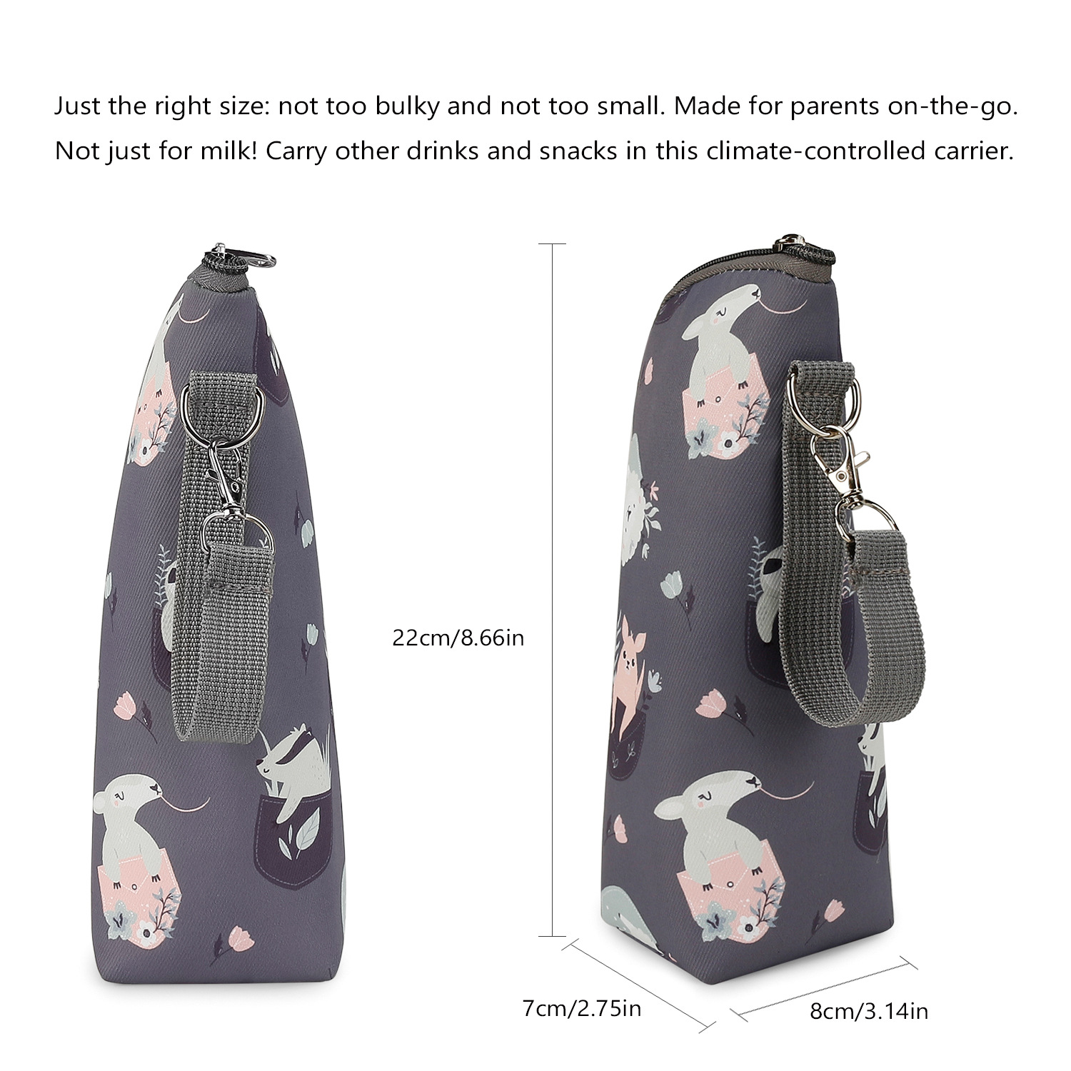 Eine Babyflaschentasche, grau mit Muster, wird aus verschiedenen Blickwinkeln gezeigt.