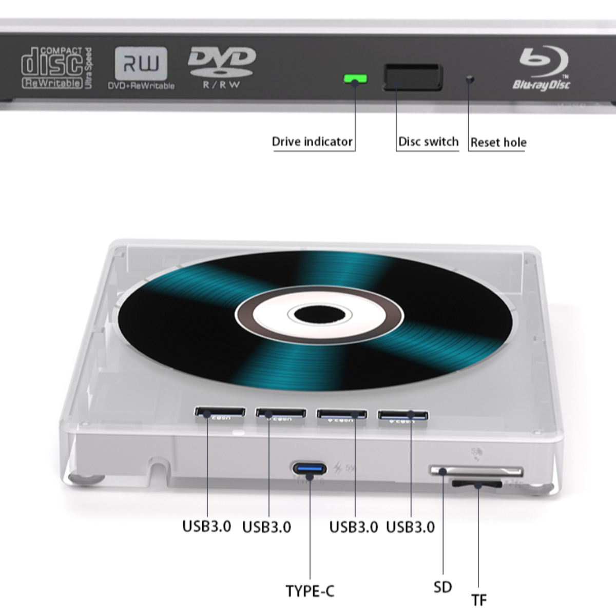 Blu-ray-Laufwerk mit einer Disc im Inneren. Merkmale: USB-Anschlüsse und ein Disc-Schalter.