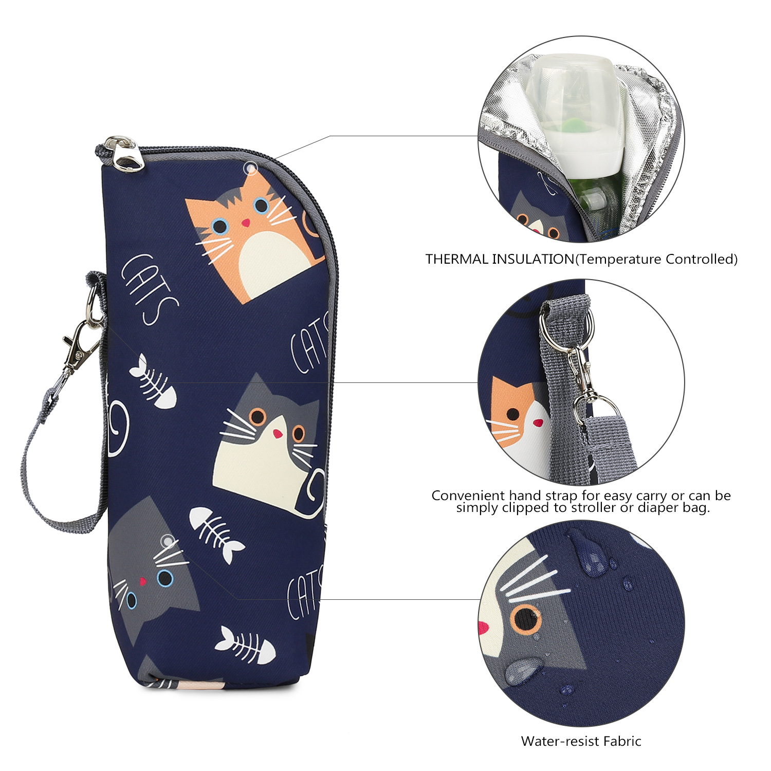 Isolierte Babyflaschentasche mit Katzenmuster. Marineblaue Tasche, grauer Riemen und Reißverschluss. Details.
