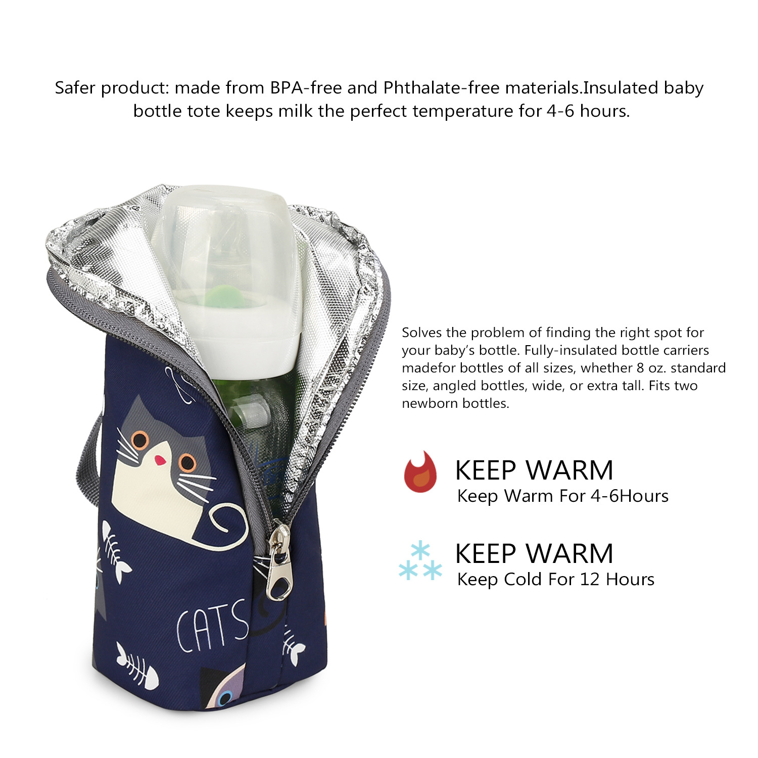 Marineblau isolierte Babyflaschentasche mit Katzendesign. Flasche innen mit offenem Reißverschluss.