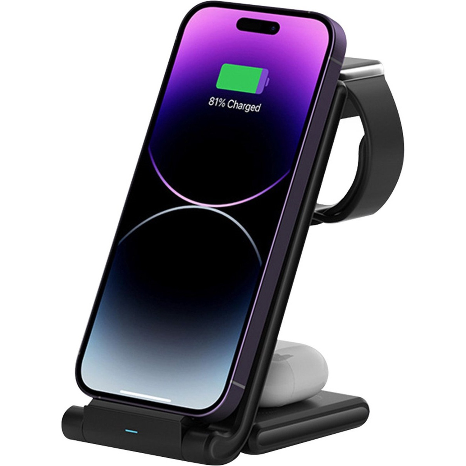 Eine Ladestation mit Telefon, Uhr und Ohrhörern, die das Telefon mit 81 % Ladung anzeigt.