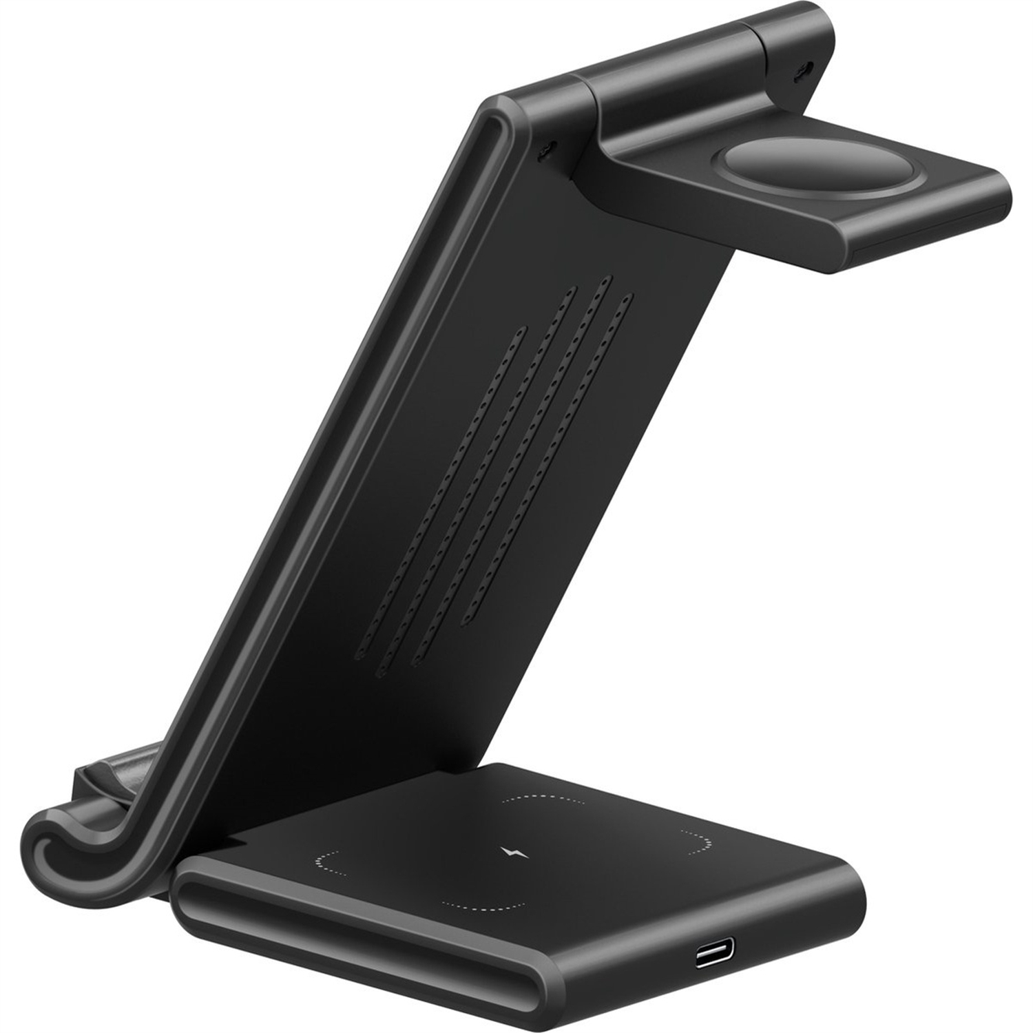Schwarze Ladestation für Telefon und Uhr. Abgewinkeltes Design mit Ladepad an der Basis.