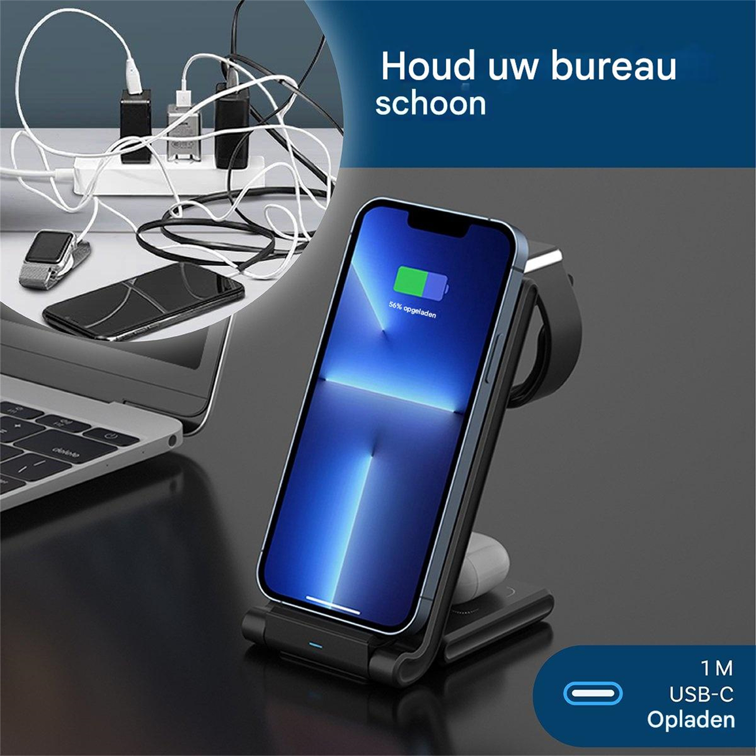 Ein Telefonladeständer mit Telefon und Uhr. Ein Laptop und anderes Zubehör befinden sich im Hintergrund.