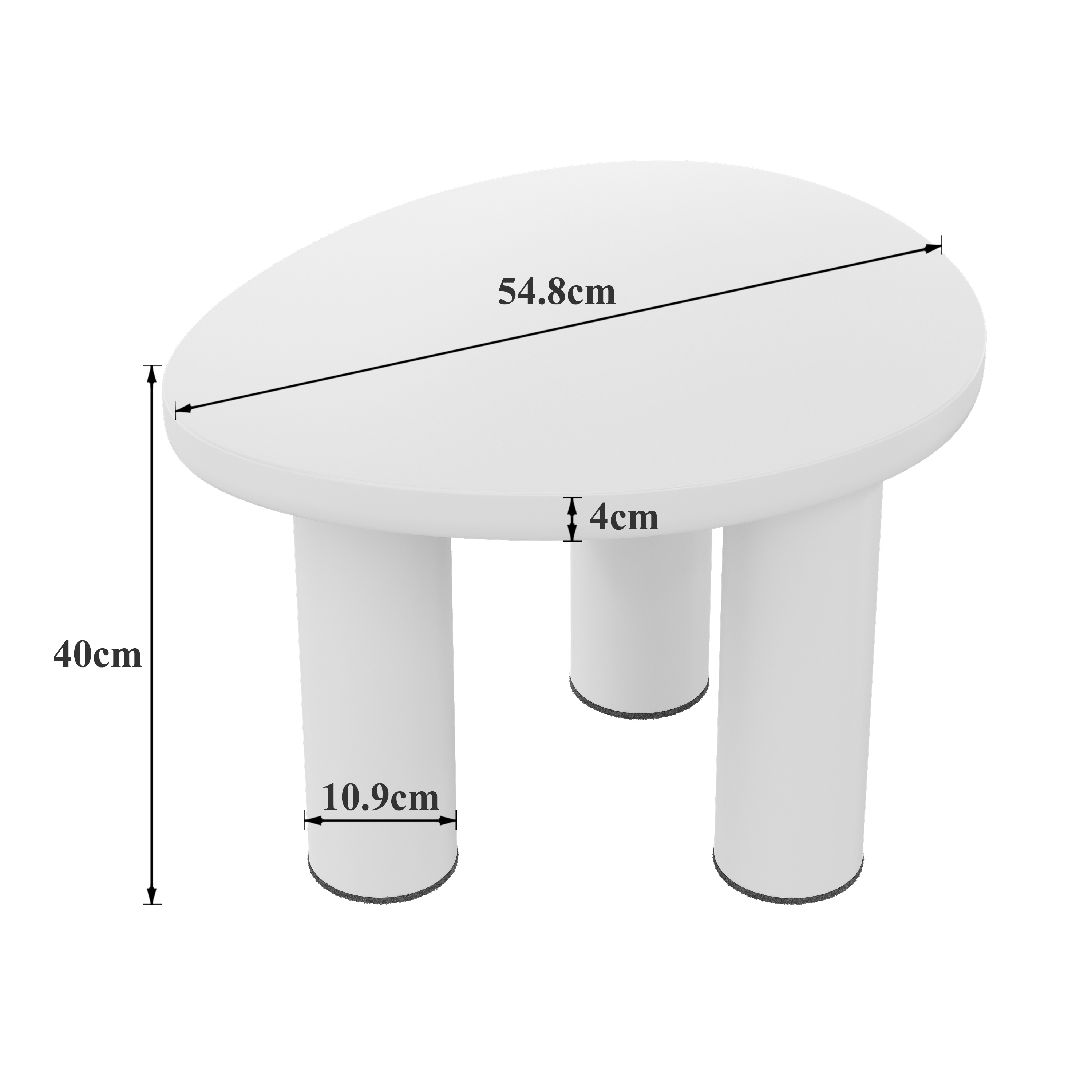 Weißer ovaler Tisch. Drei Beine mit schwarzen Böden. Abmessungen: 54,8 cm, 40 cm, 10,9 cm und 4 cm.