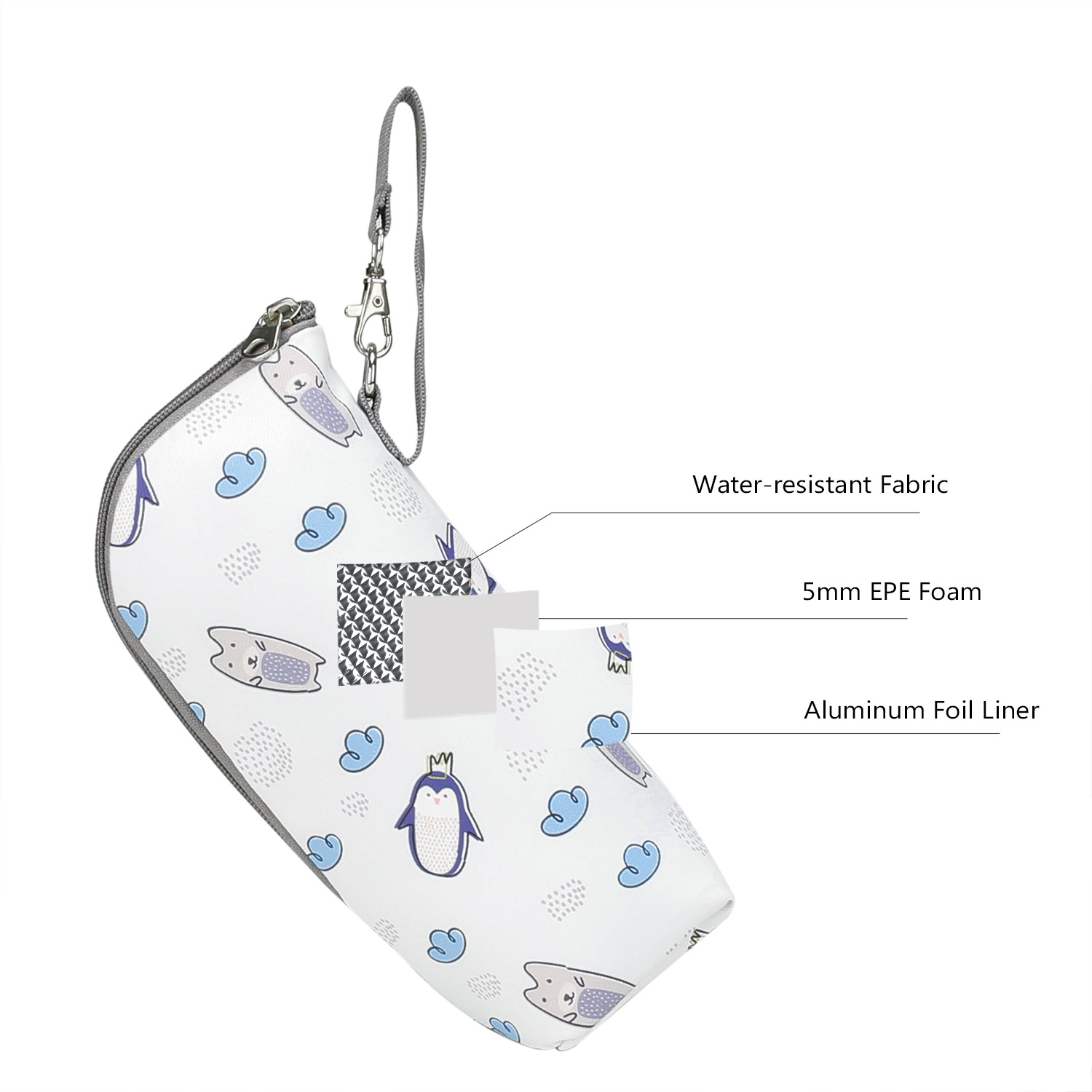 Weiße Babyflaschentasche mit Pinguinmuster. Wasserabweisender Stoff, 5 mm EPE-Schaum, Aluminiumfolienauskleidung.