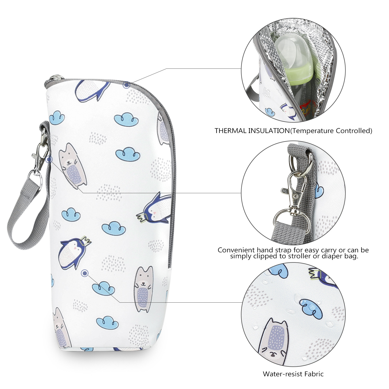 Babyflaschentasche mit Pinguinen und Wolken, mit Anmerkungen. Zeigt Details der Tasche.