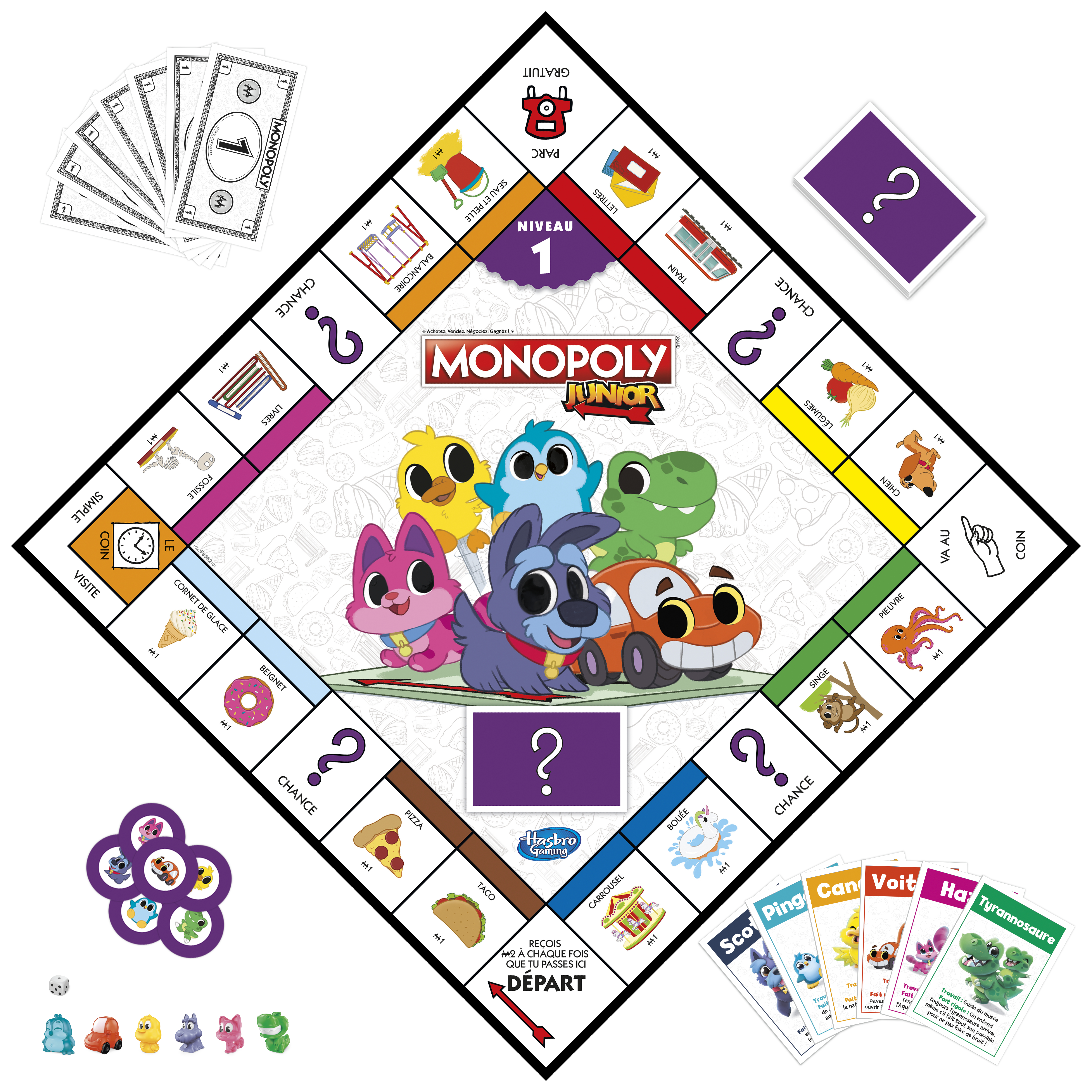 Plansza do gry Monopoly Junior z pionkami i kartami. Plansza przedstawia postacie z kreskówek.