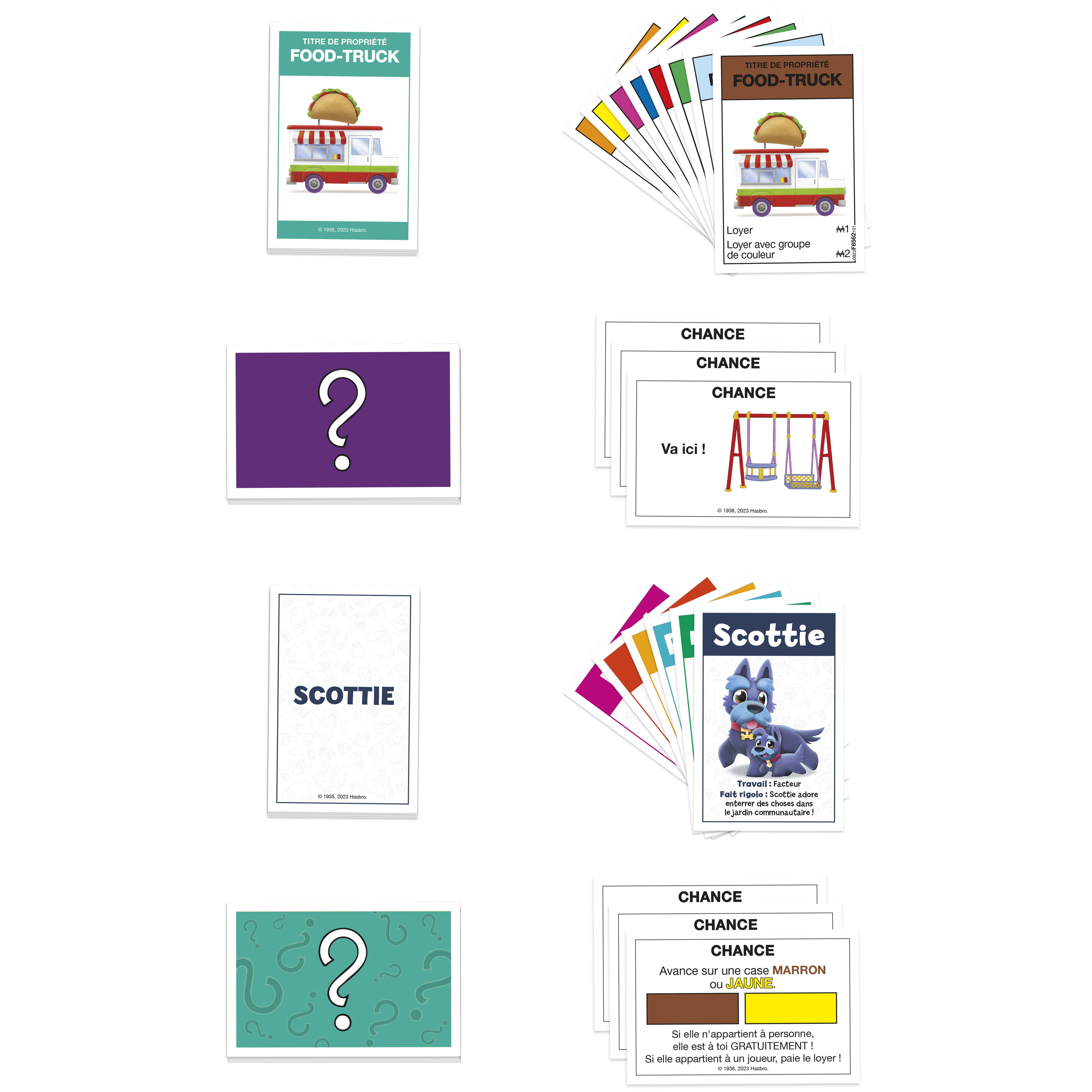 Karty gry Monopoly, w tym szansa, własność i karty Scottie.